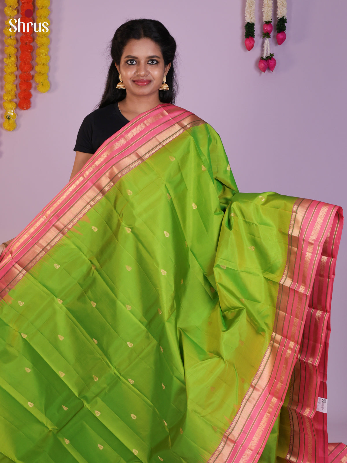 Ethnic Lime Green Wedding Saree With Gold Buttas & Light Pink Rettaipet Border