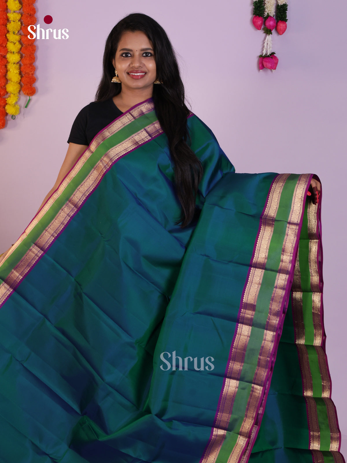 Bluish Green Kanjivaram Saree with Rettaipet Zari Border