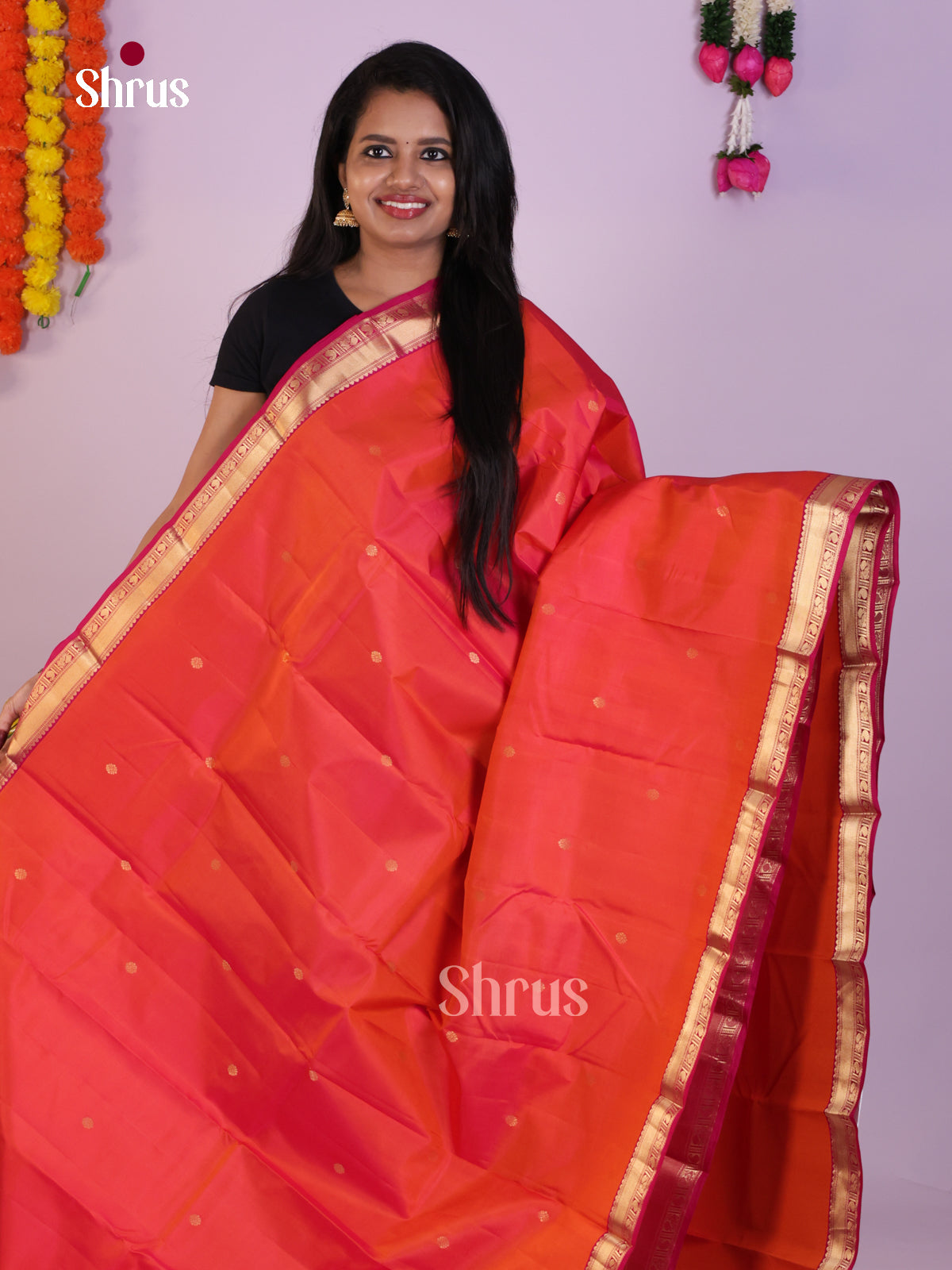 Striking Orange Kanjivaram Saree With Zari Buttas & Brocade Pallu