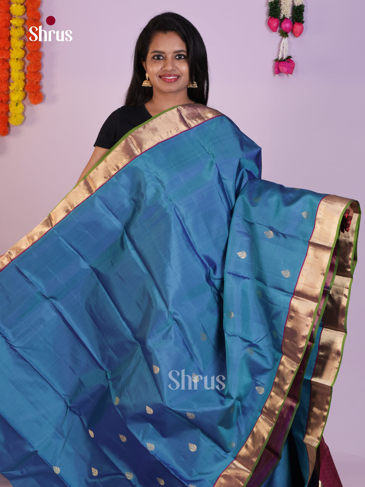 Enchanting Sky Blue Wedding Saree With Golden Leaf Motifs & Magenta Brocade Pallu