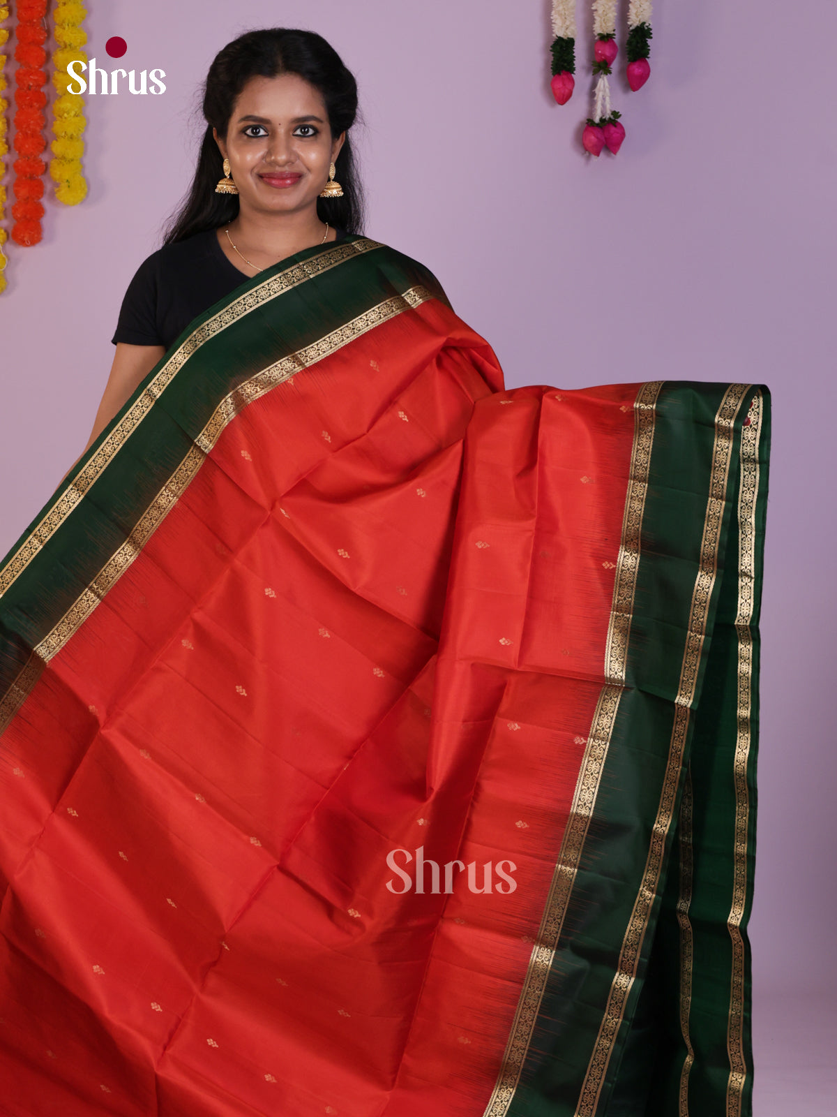 Radiant Orange & Green Soft Silk Saree with zari buttas & Rettaipet border - Shop on Shrus.com