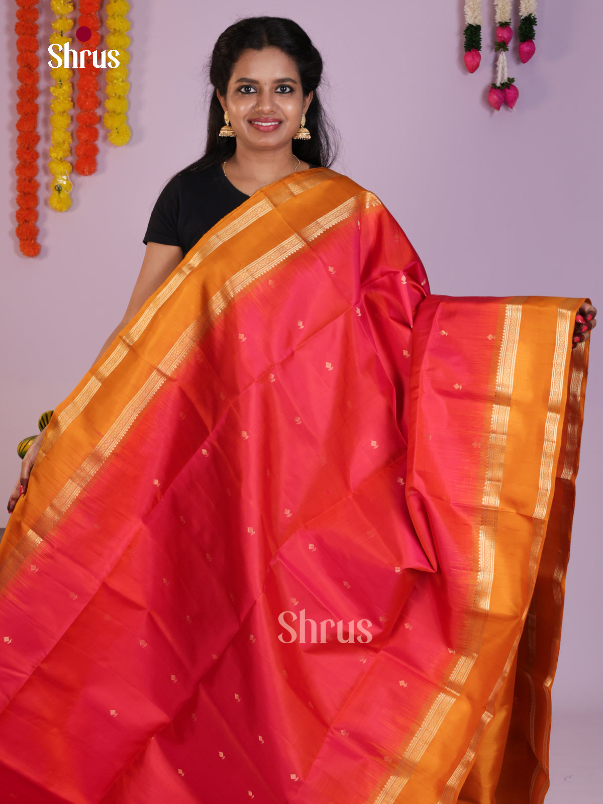 Bright Orange & Mustard Soft Silk Saree with zari buttas & rettaipet border