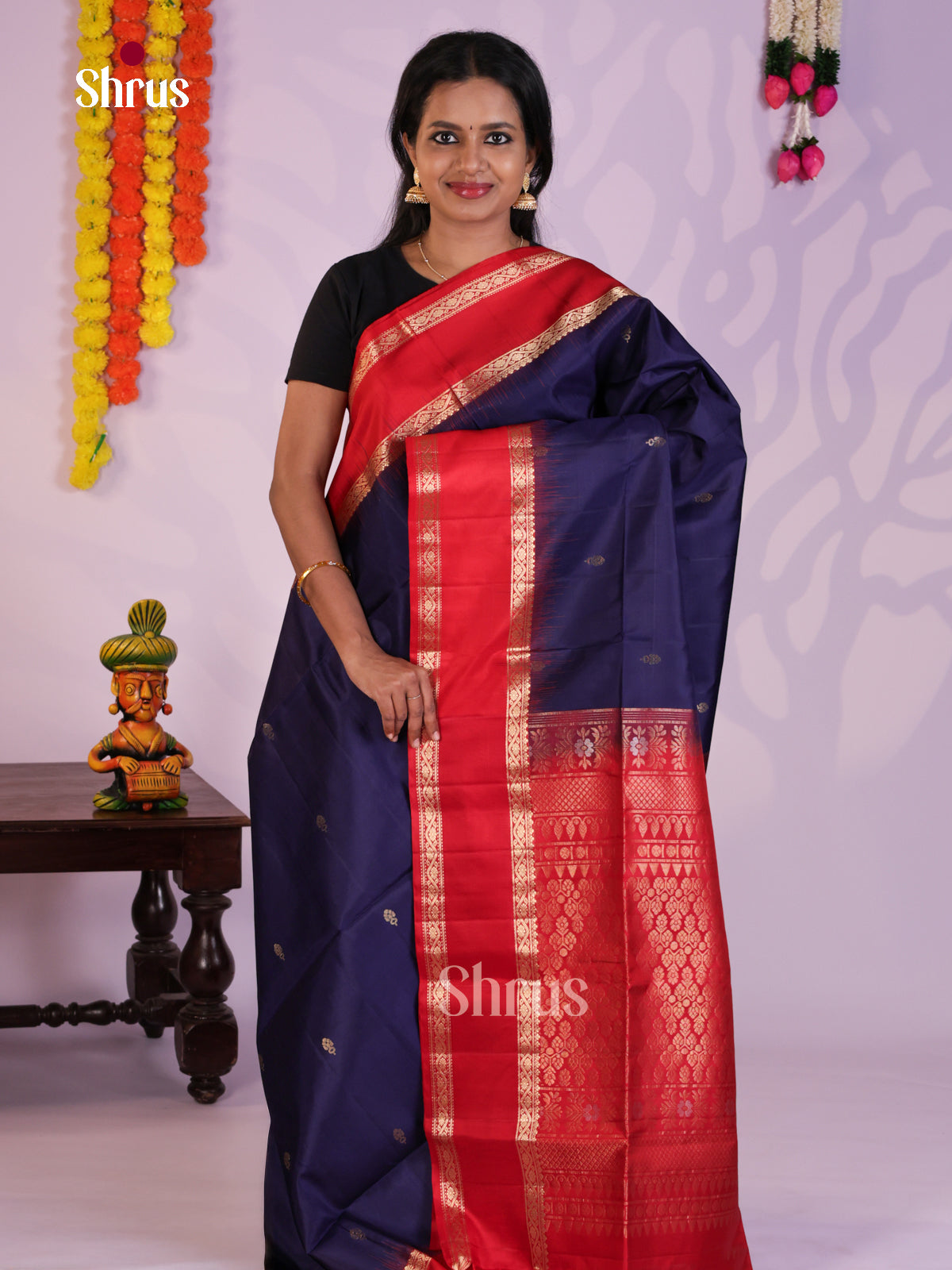 Vibrant Blue & Red Soft Silk Saree with zari buttas & Rettaipet Border