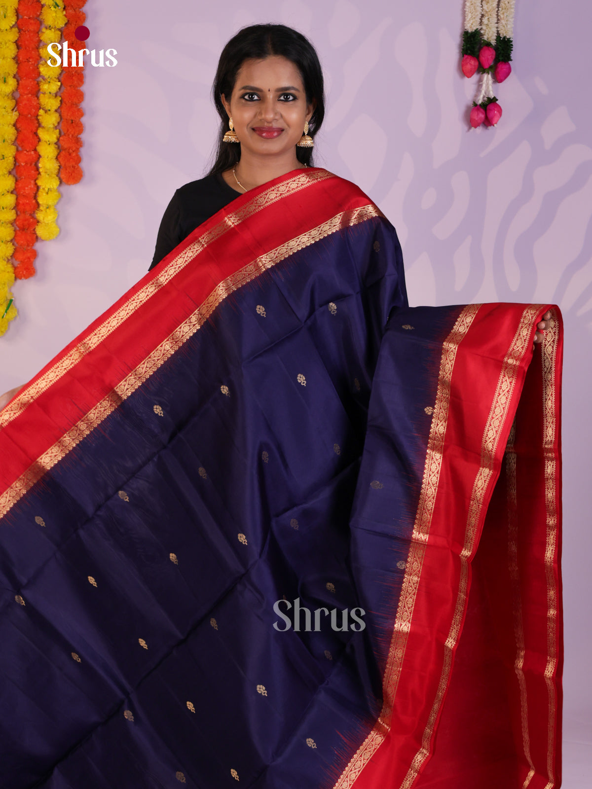 Vibrant Blue & Red Soft Silk Saree with zari buttas & Rettaipet Border