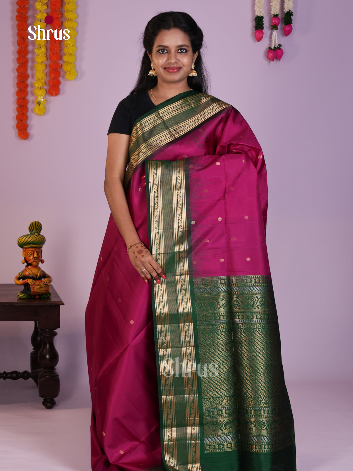 Exquisite Purple & Green Soft Silk Saree with zari buttas & rettaipet border - Shop on Shrus.com