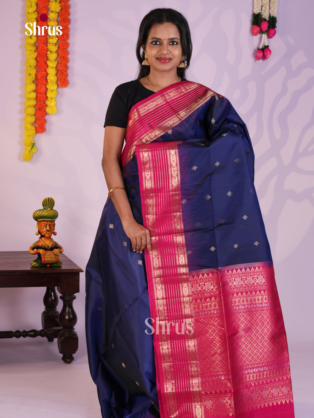 Vibrant Blue & Pink Soft Silk Saree with zari floral buttas & tarditional border