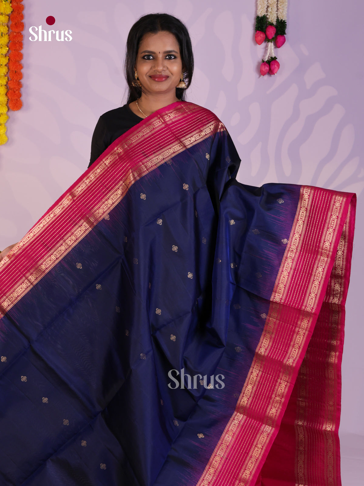 Vibrant Blue & Pink Soft Silk Saree with zari floral buttas & tarditional border