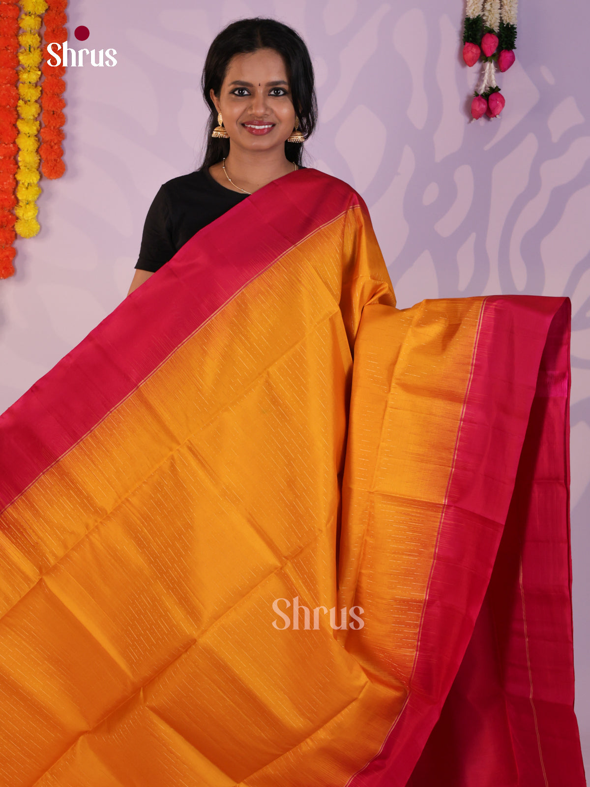 Luminous Mambazha Yellow & Red Soft Silk Saree with zari stripes & Brocade pallu