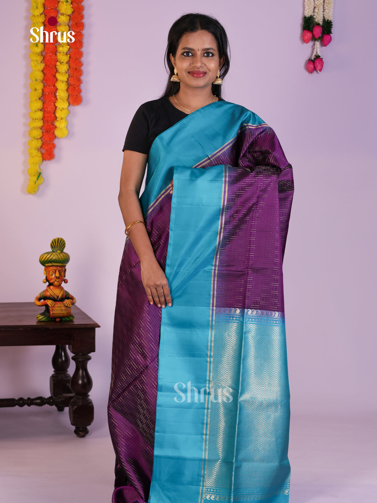 Lustrous Violet & Blue Soft Silk Saree with zari stripes & Brocade pallu