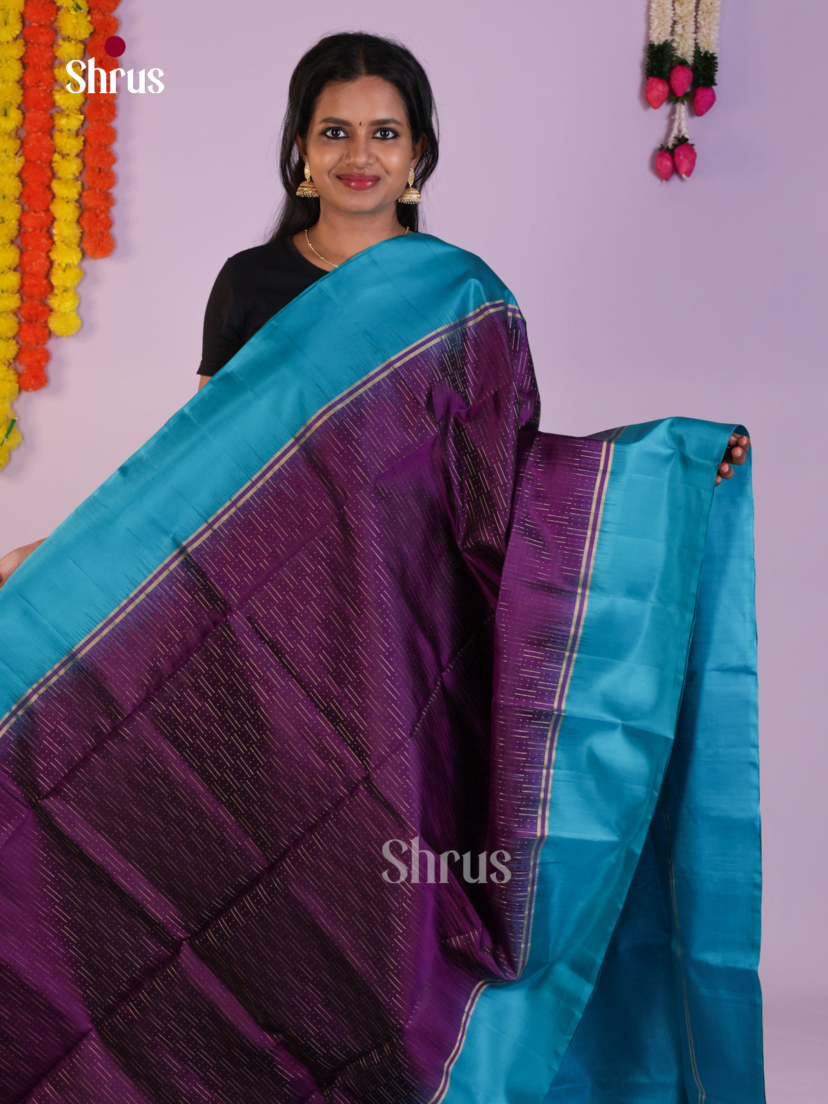 Lustrous Violet & Blue Soft Silk Saree with zari stripes & Brocade pallu