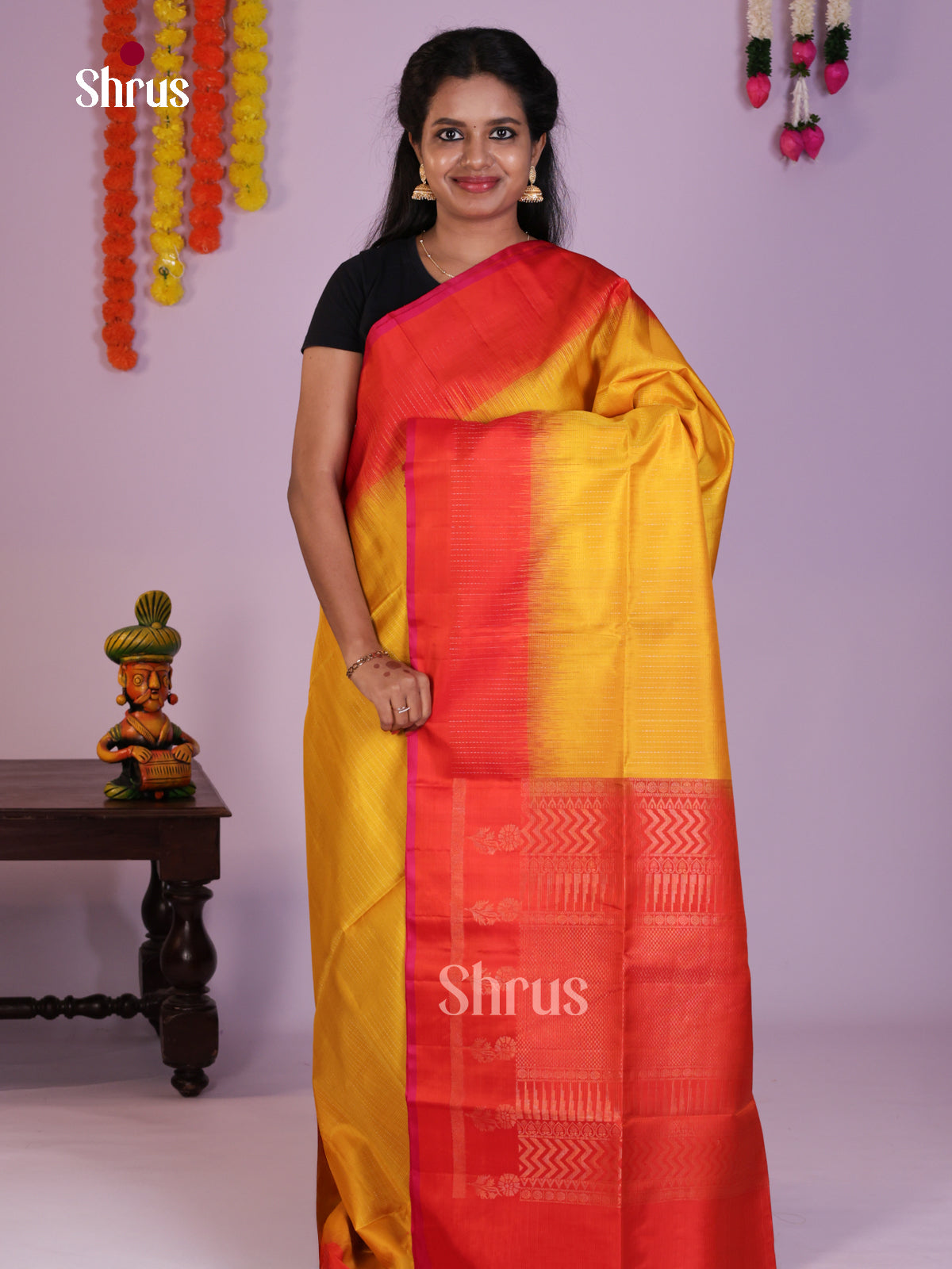 Glorious Yellow & Orange Soft Silk Saree with zari stripes & brocade pallu - Shop on Shrus.com