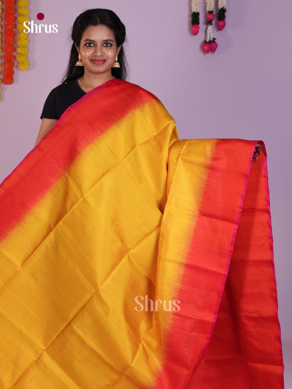 Glorious Yellow & Orange Soft Silk Saree with zari stripes & brocade pallu - Shop on Shrus.com