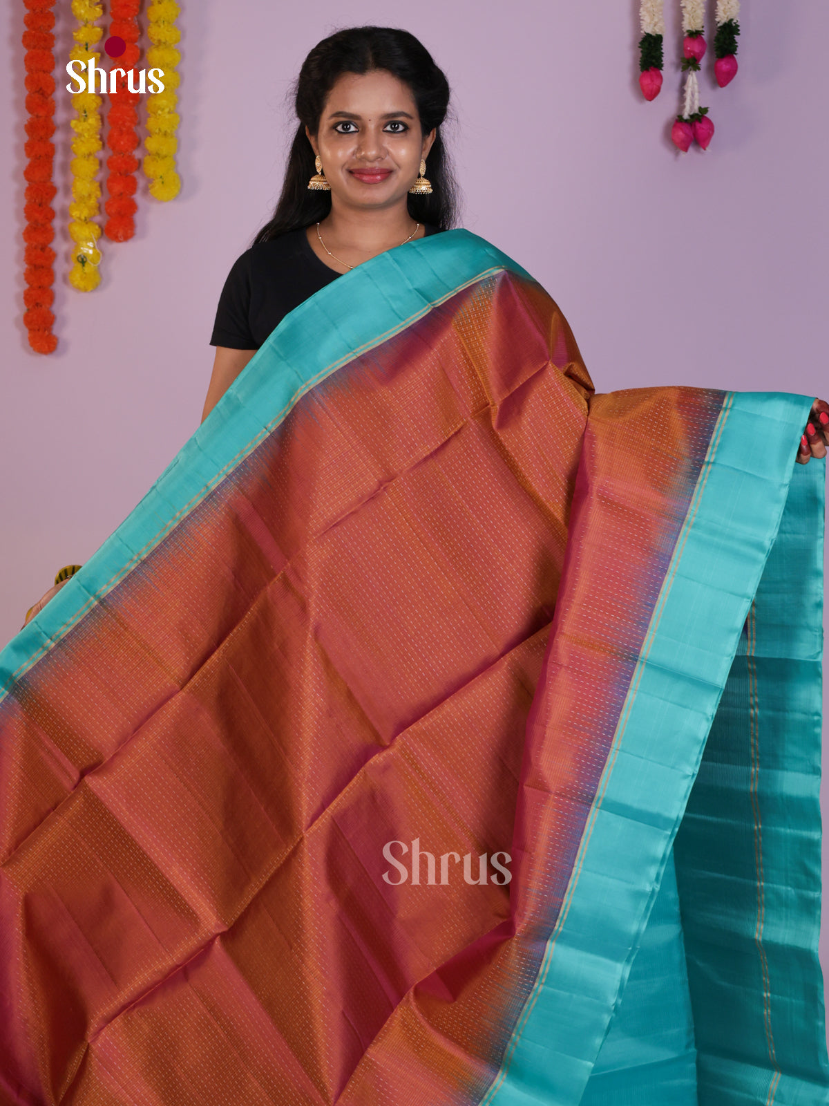 Elegant Rust & Blue Soft Silk Saree with zari stripes & Brocade pallu - Shop on Shrus.com