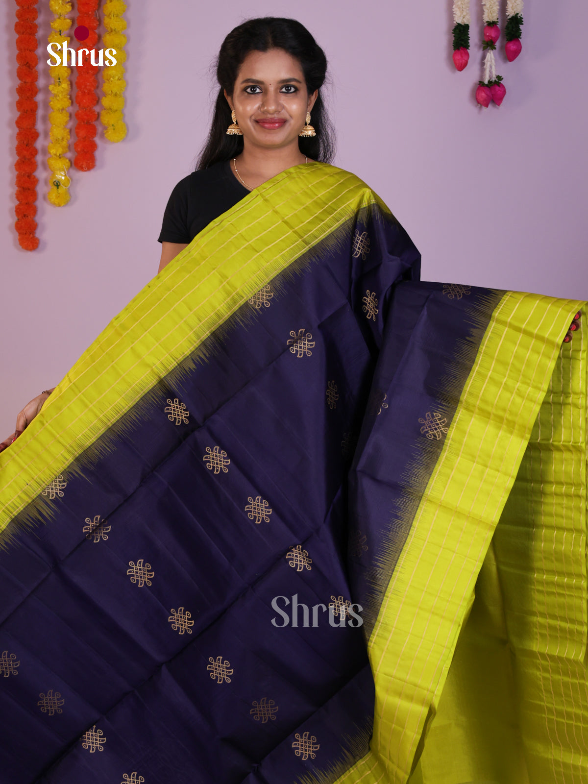 Vibrant Blue & Light Green Soft Silk Saree with zari kolam buttas & brocade pallu