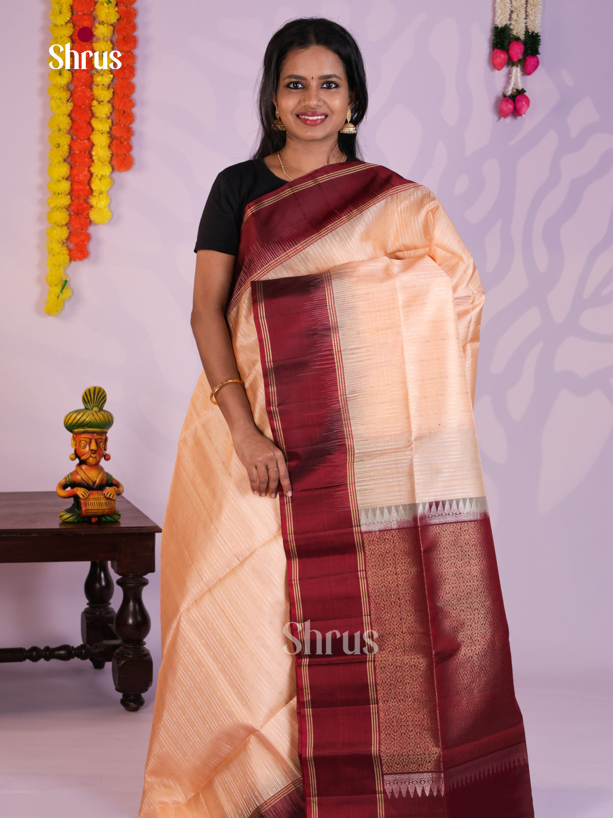 Pretty Peach with maroon Soft Silk Saree gleams with zari stripes & brocade pallu