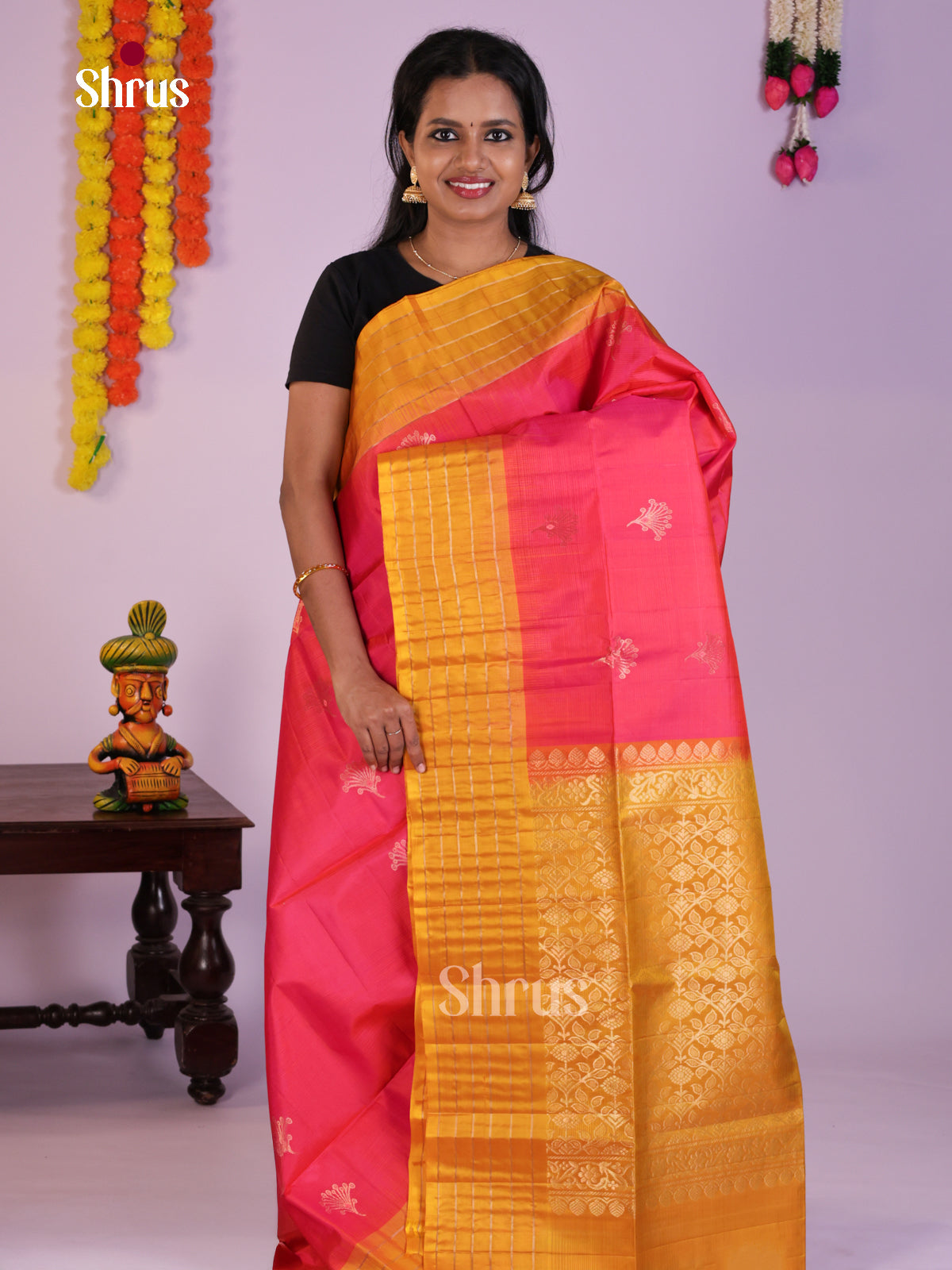 Chic Pink & Mustard Soft Silk Saree with zari floral buttas & Brocade pallu - Shop on Shrus.com