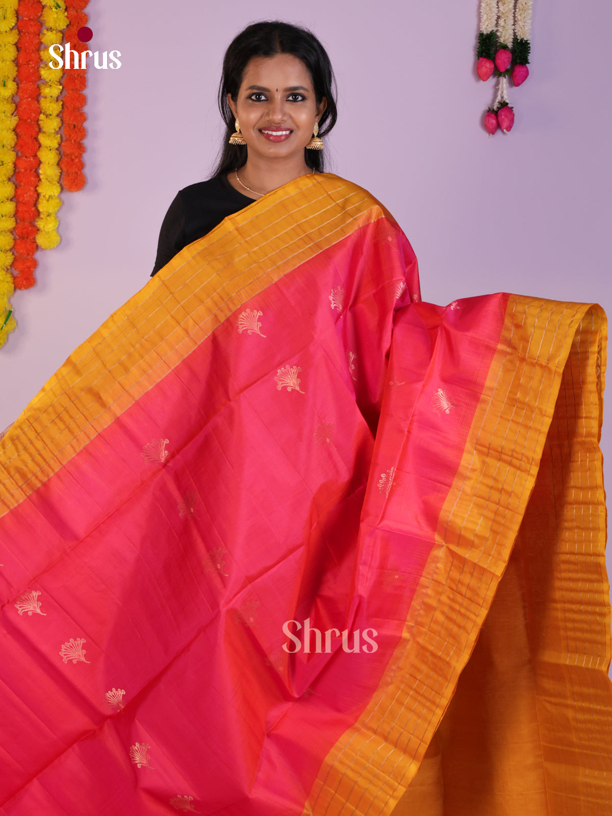 Chic Pink & Mustard Soft Silk Saree with zari floral buttas & Brocade pallu - Shop on Shrus.com