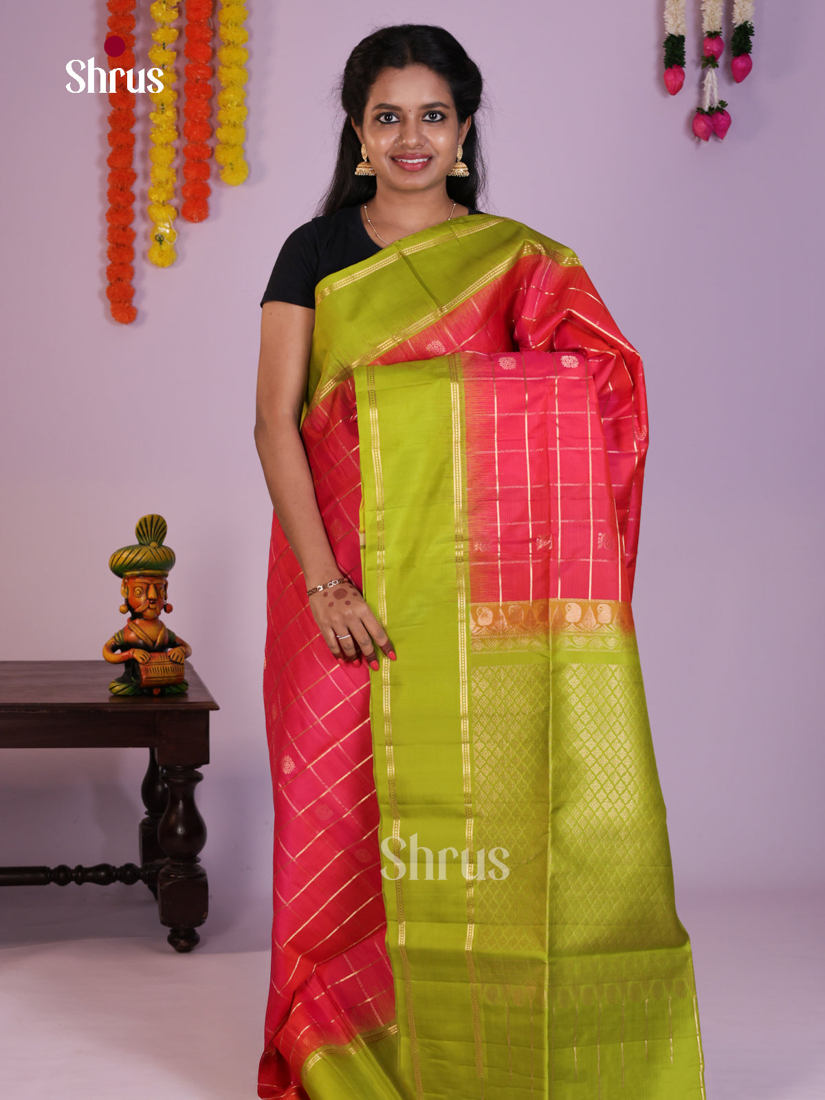 Regal Orangish Pink & Light Green Soft Silk Saree with zari checks, floral , peacock buttas