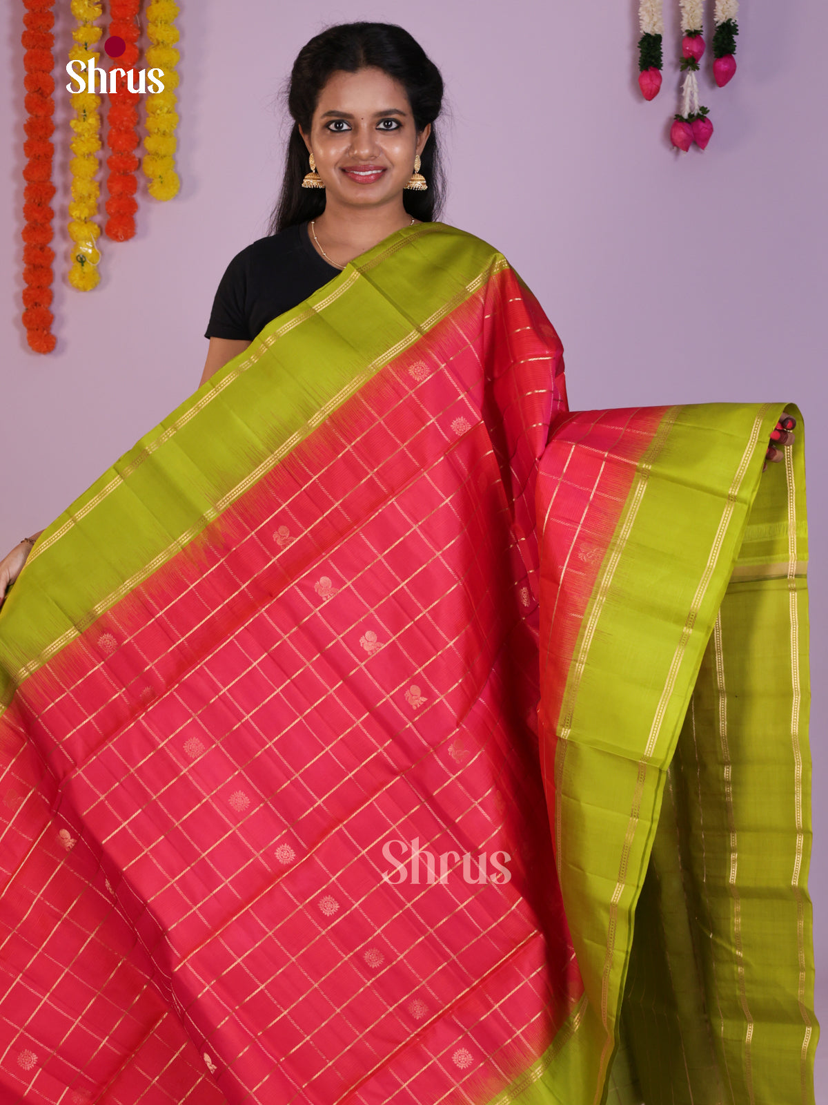 Regal Orangish Pink & Light Green Soft Silk Saree with zari checks, floral , peacock buttas