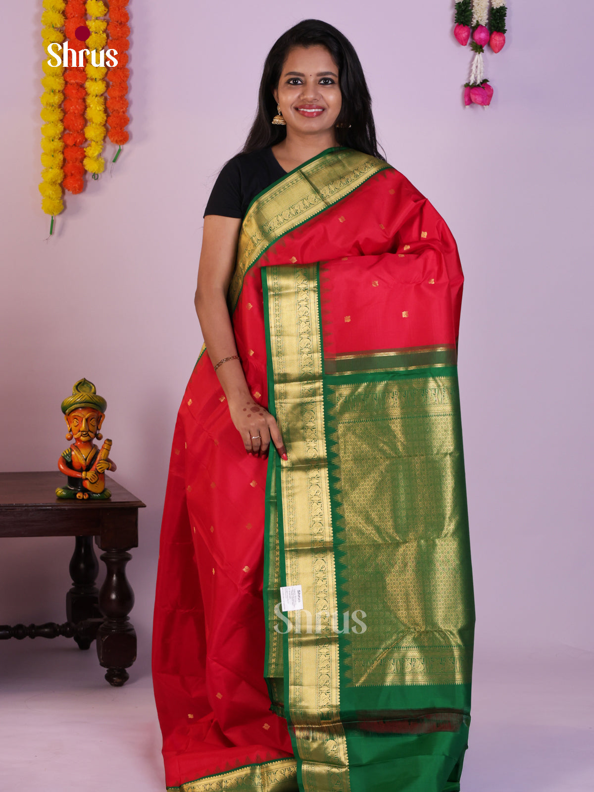 Exquisite Crimson Red Kanjivaram Silk Saree With Buttas & Green Brocade Pallu