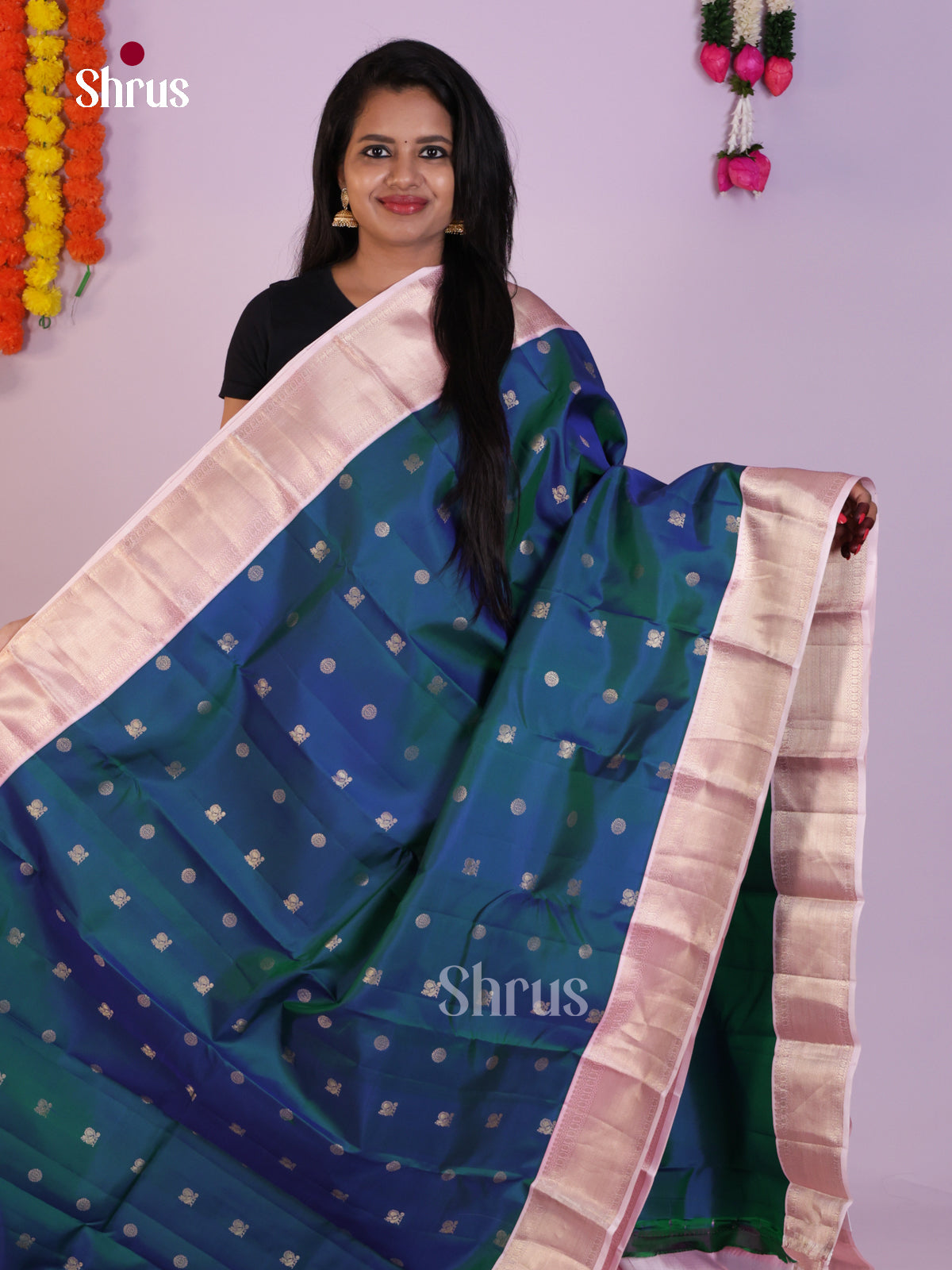 Lustrous Double Shaded Bluish Green Wedding Saree With Baby Pink Zari Border