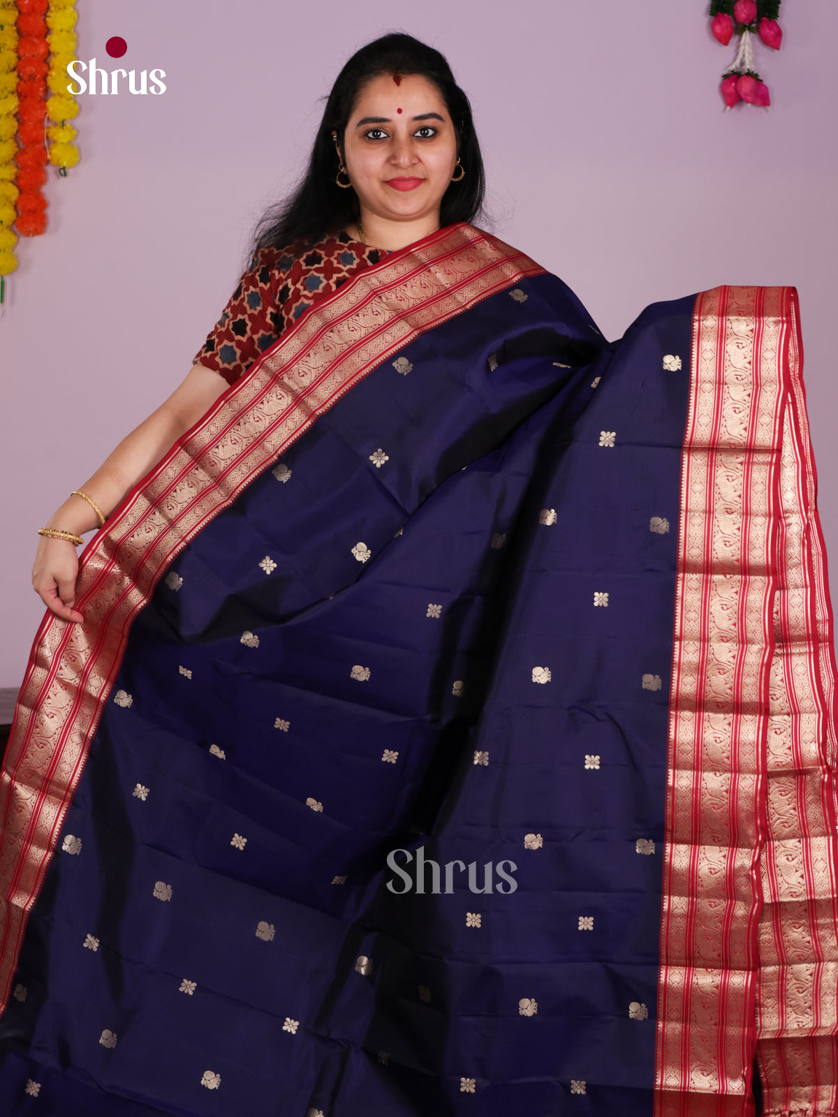 Dark Blue Silk Saree With Gold Buttas & Red Zari Pallu