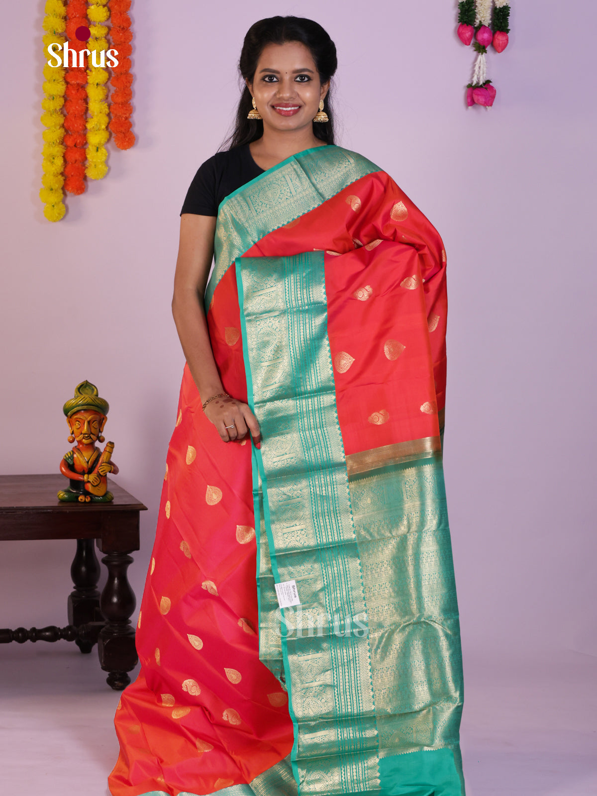 Luminous Red Kanjivaram Saree With Zari Buttas & Sea Green Zari Border