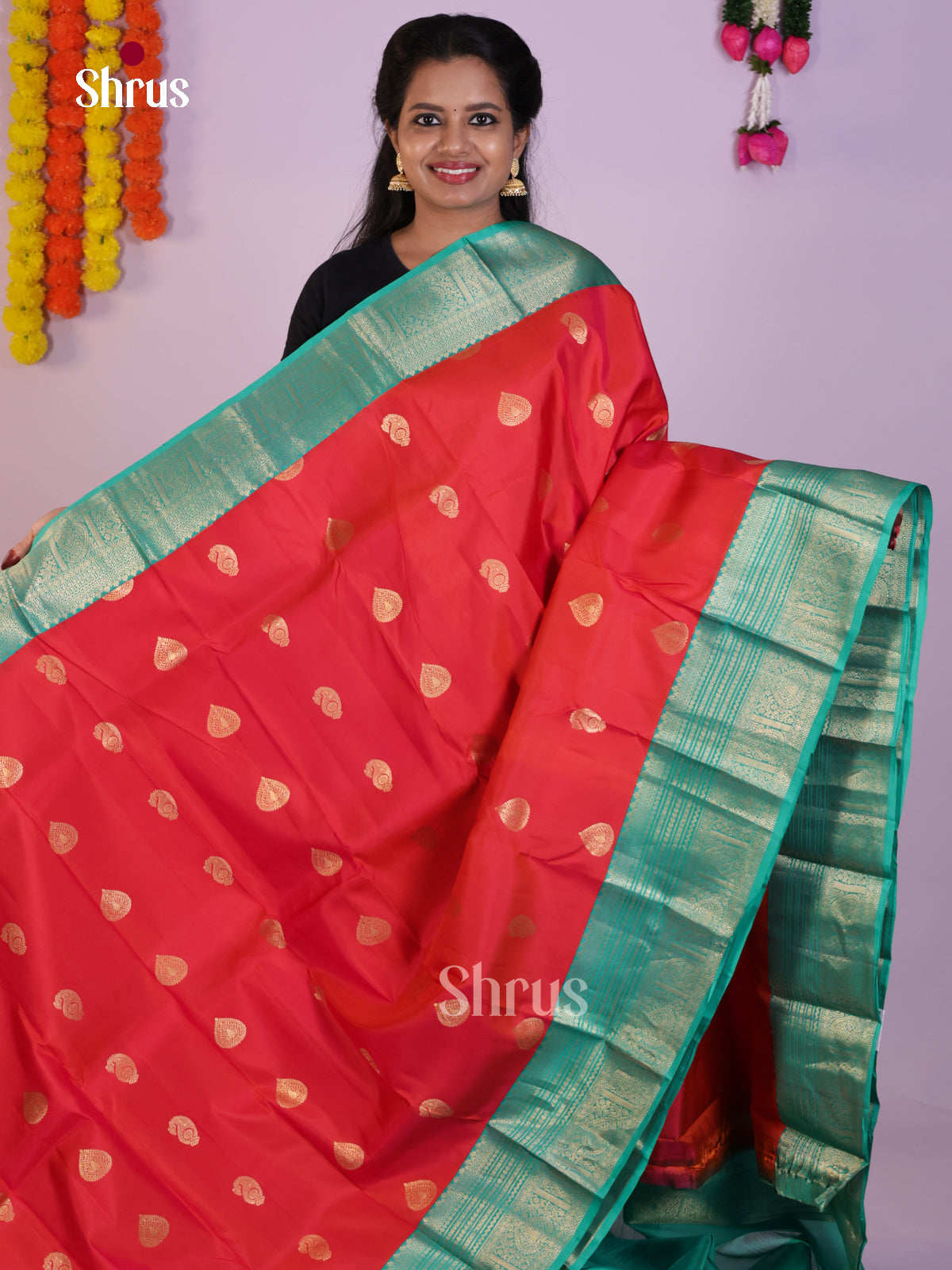 Luminous Red Wedding Saree With Zari Buttas & Sea Green Zari Border