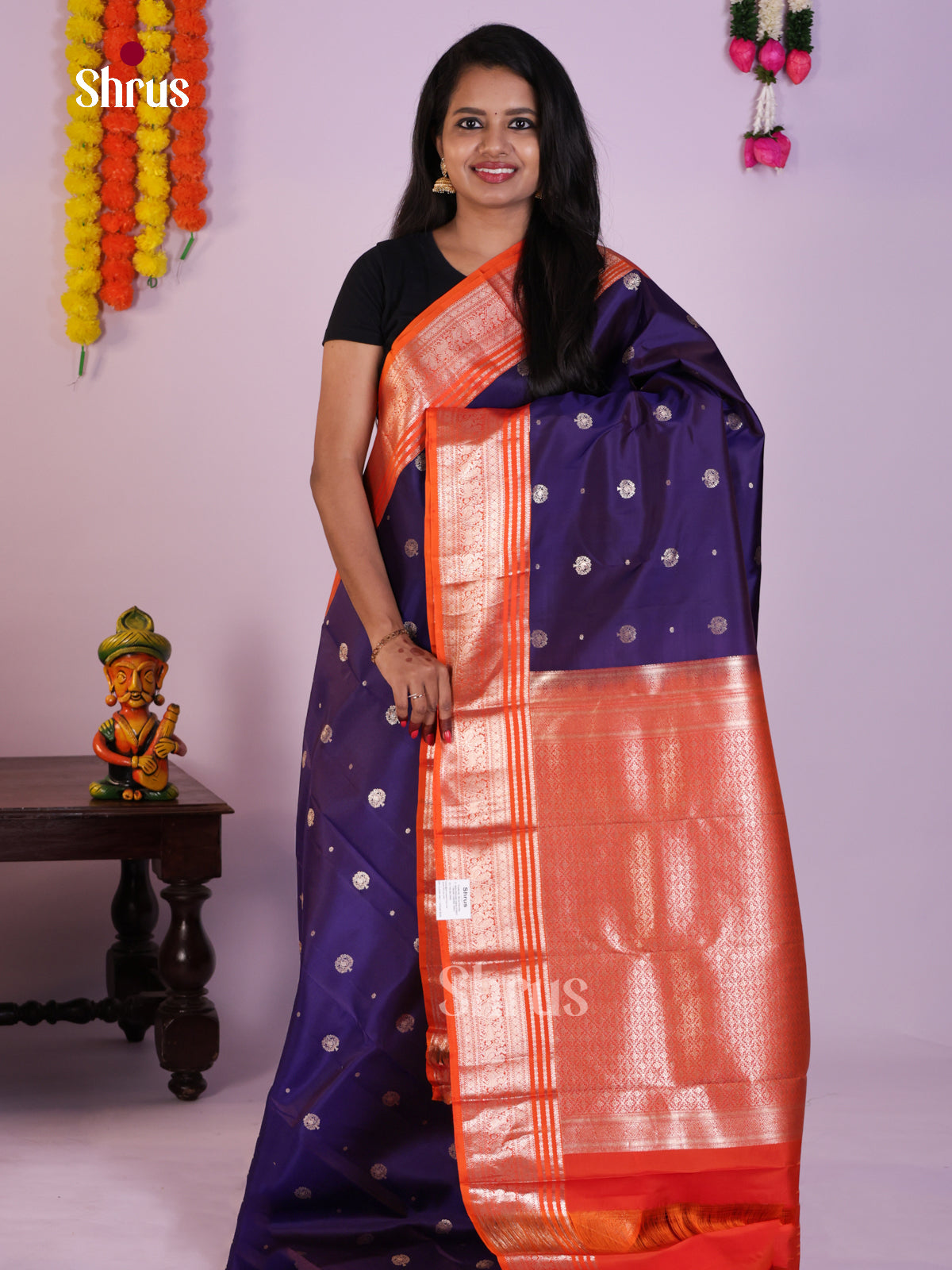Royal Blue Kanchipuram Silk Saree With Zari Buttas & Orange Brocade Pallu