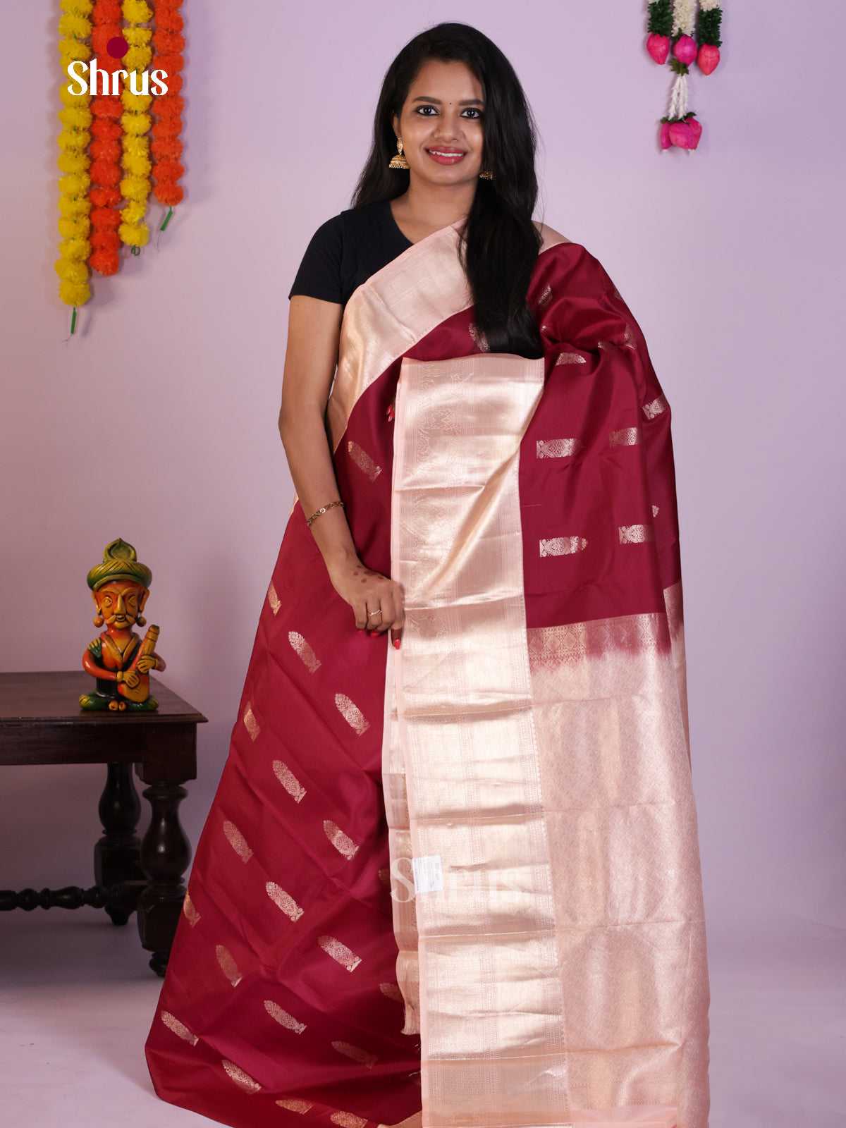 Stunning Wine Kanjivaram Saree With Zari Motifs & Cream Border