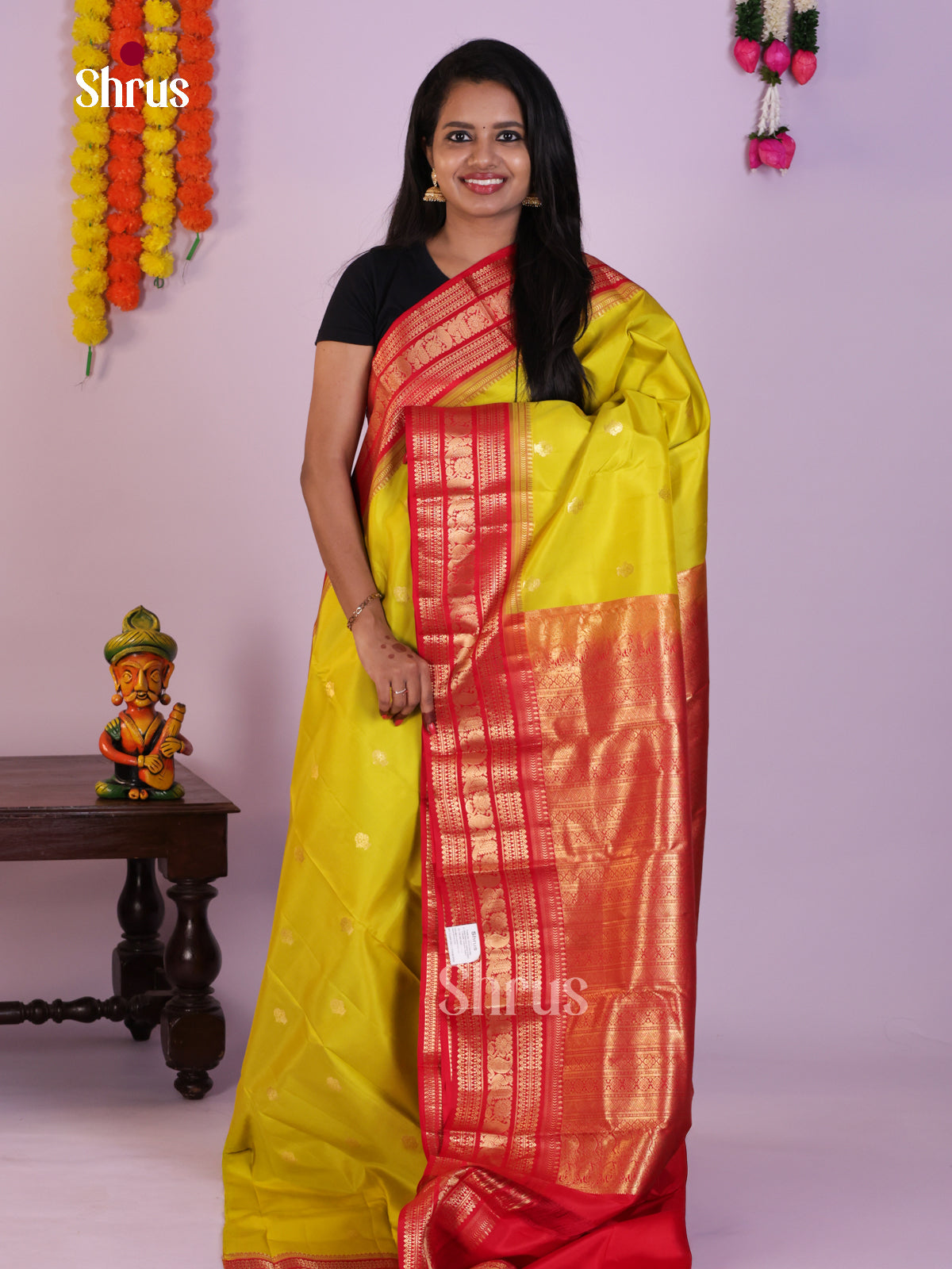 Bright Yellow Kanjivaram Silk Saree With Zari Buttas & Red Brocade Pallu