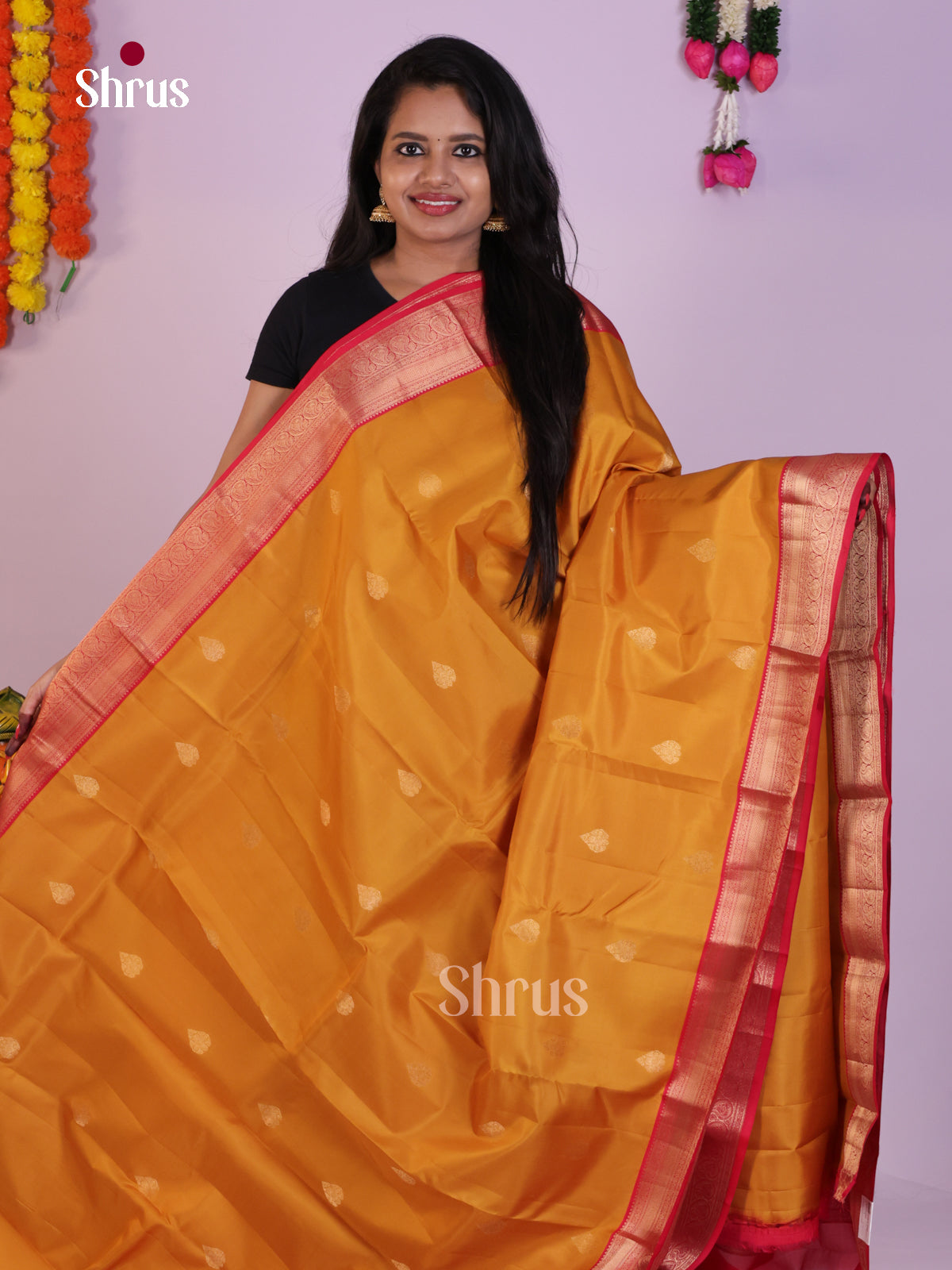 Majestic Mustard Wedding Saree with Gold Buttas & Red Zari Pallu