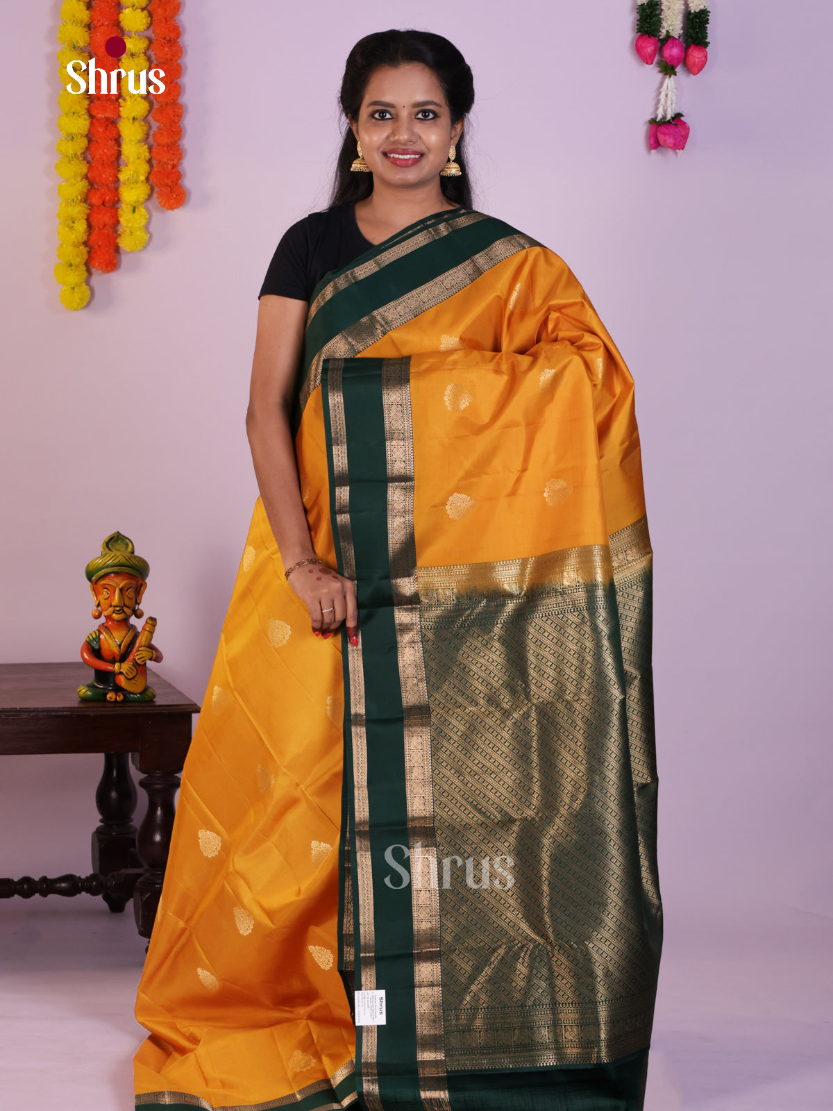 Mustard Bridal Kanjivaram Saree With Green Rettaipet Zari Border