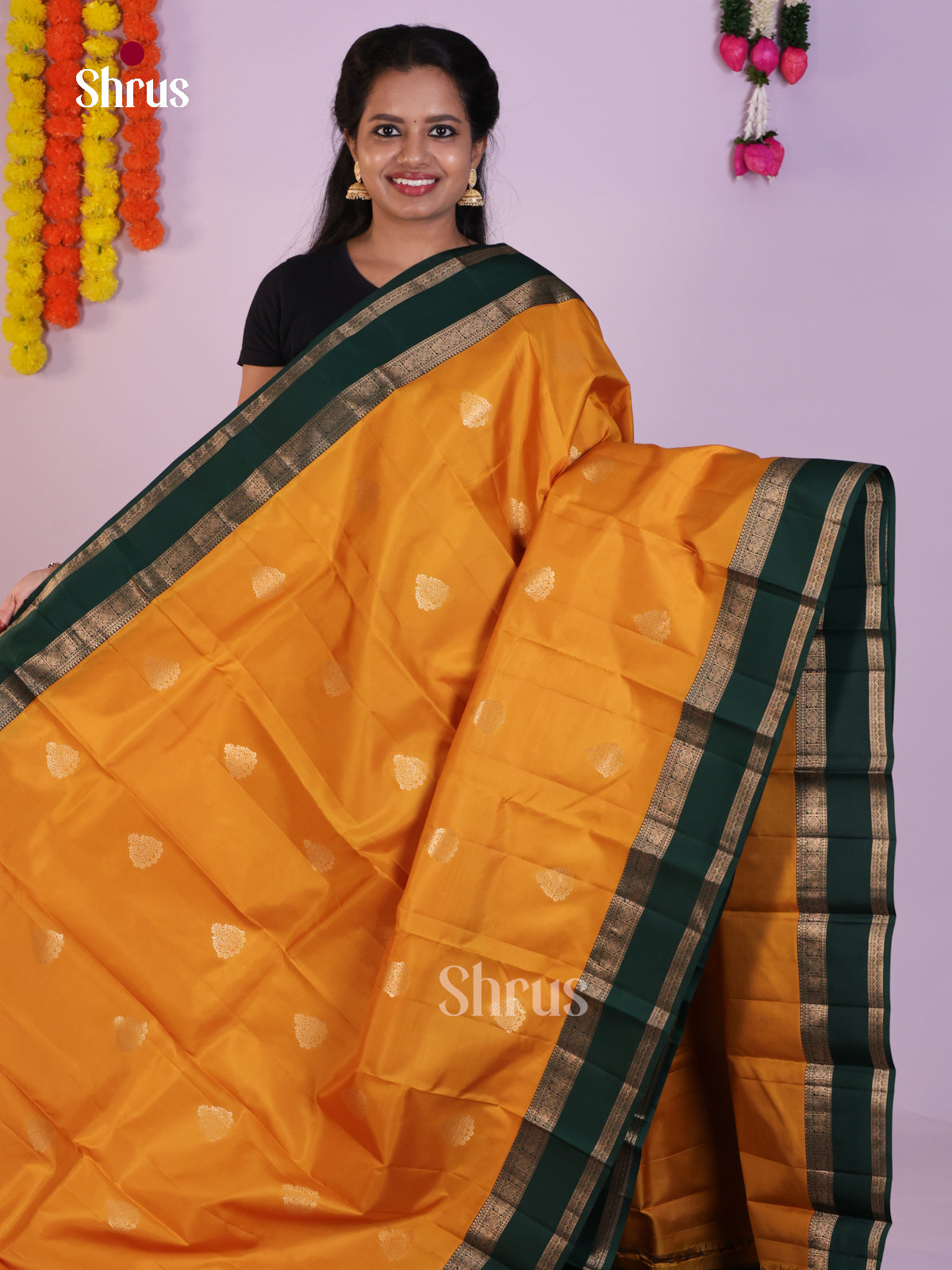 Mustard Bridal Kanchipuram Saree With Green Rettaipet Zari Border
