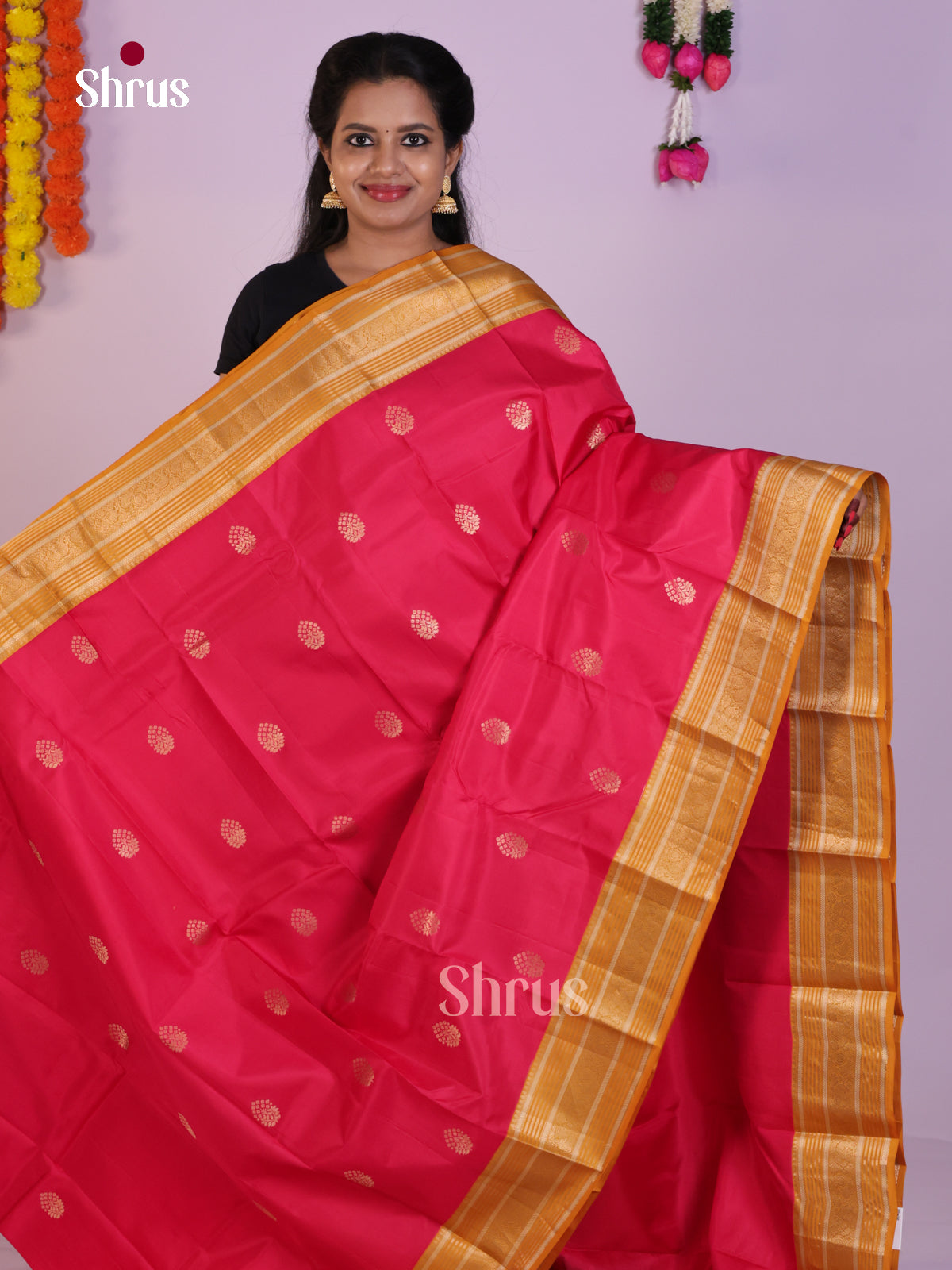 Radiant Pink Pattu Saree With Golden Motifs & Mustard Rettaipet Border