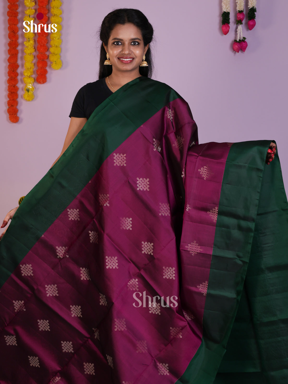Timeless Wine & Green Soft Silk Saree gleams with zari kolam buttas
