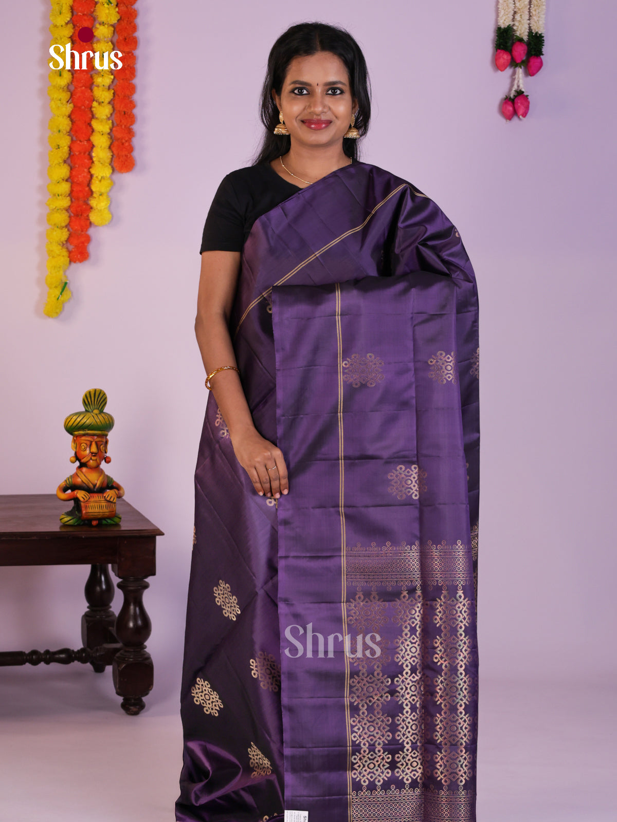 Beautifully Chic Violet Soft Silk Saree gleams with zari kolam motifs - Shop on Shrus.com