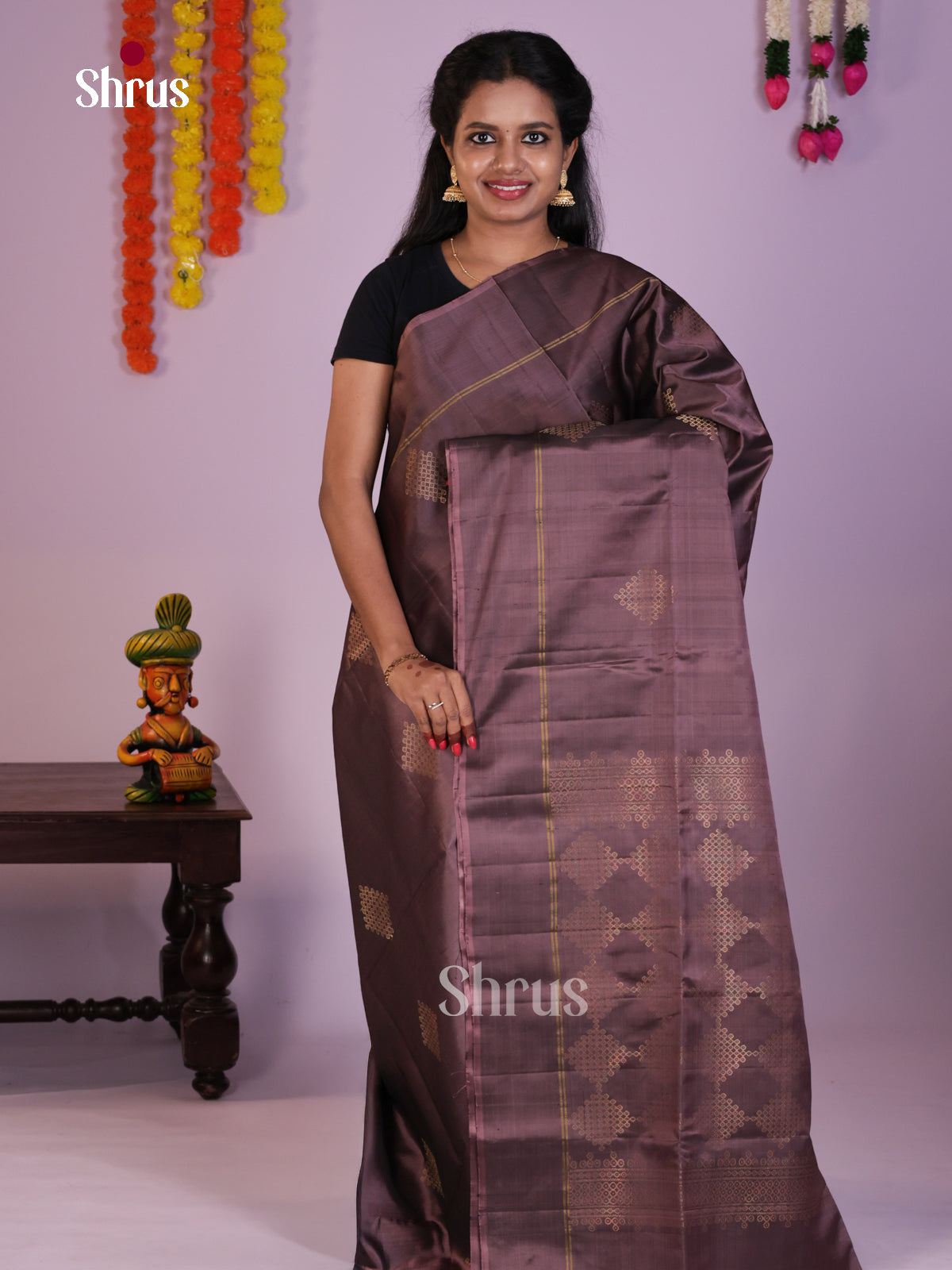 Majestic Brown Single Tone Soft Silk Saree with zari kolam motifs - Shop on Shrus.com