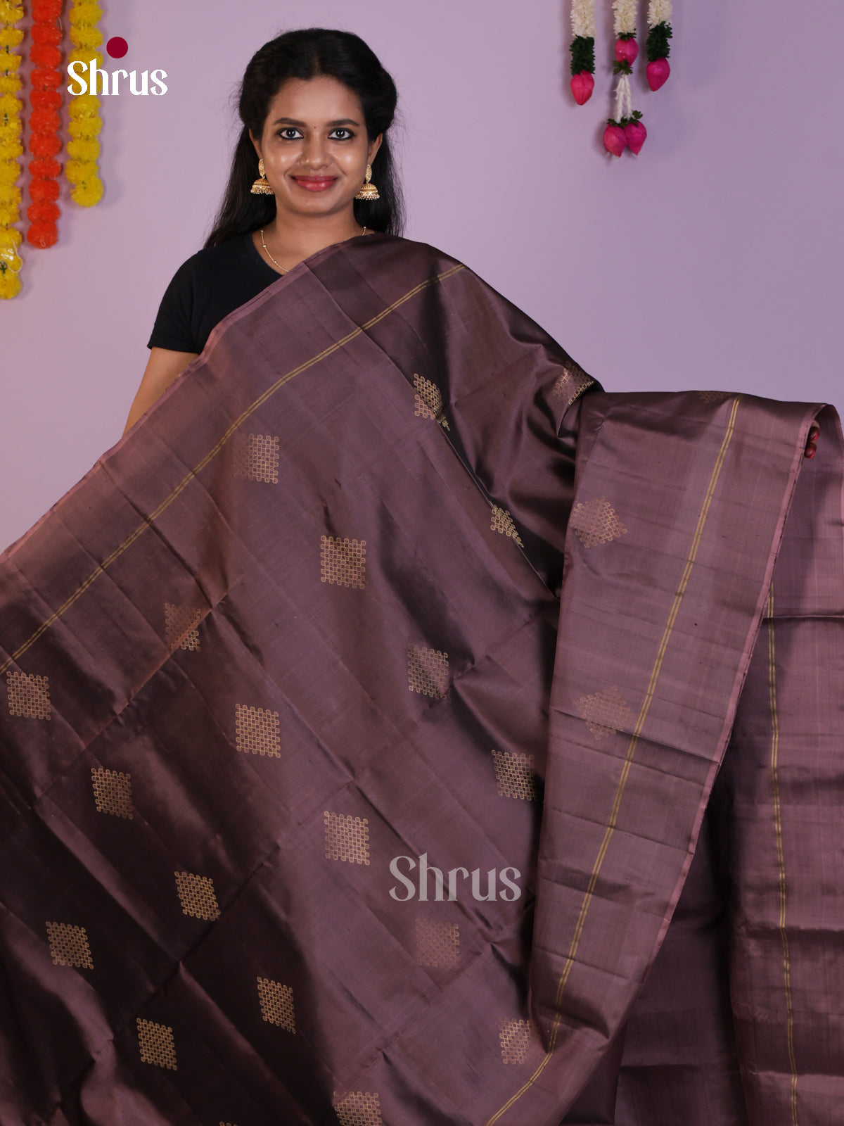 Majestic Brown Single Tone Soft Silk Saree with zari kolam motifs - Shop on Shrus.com