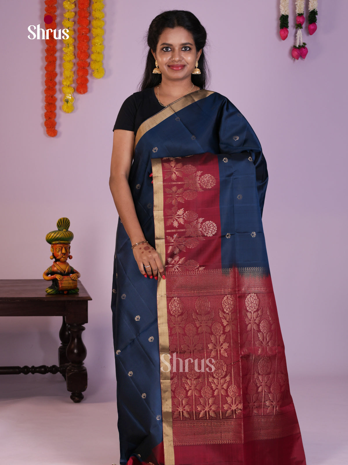 Regal Blue & Maroon Soft Silk Saree with zari buttas & floral motifs border