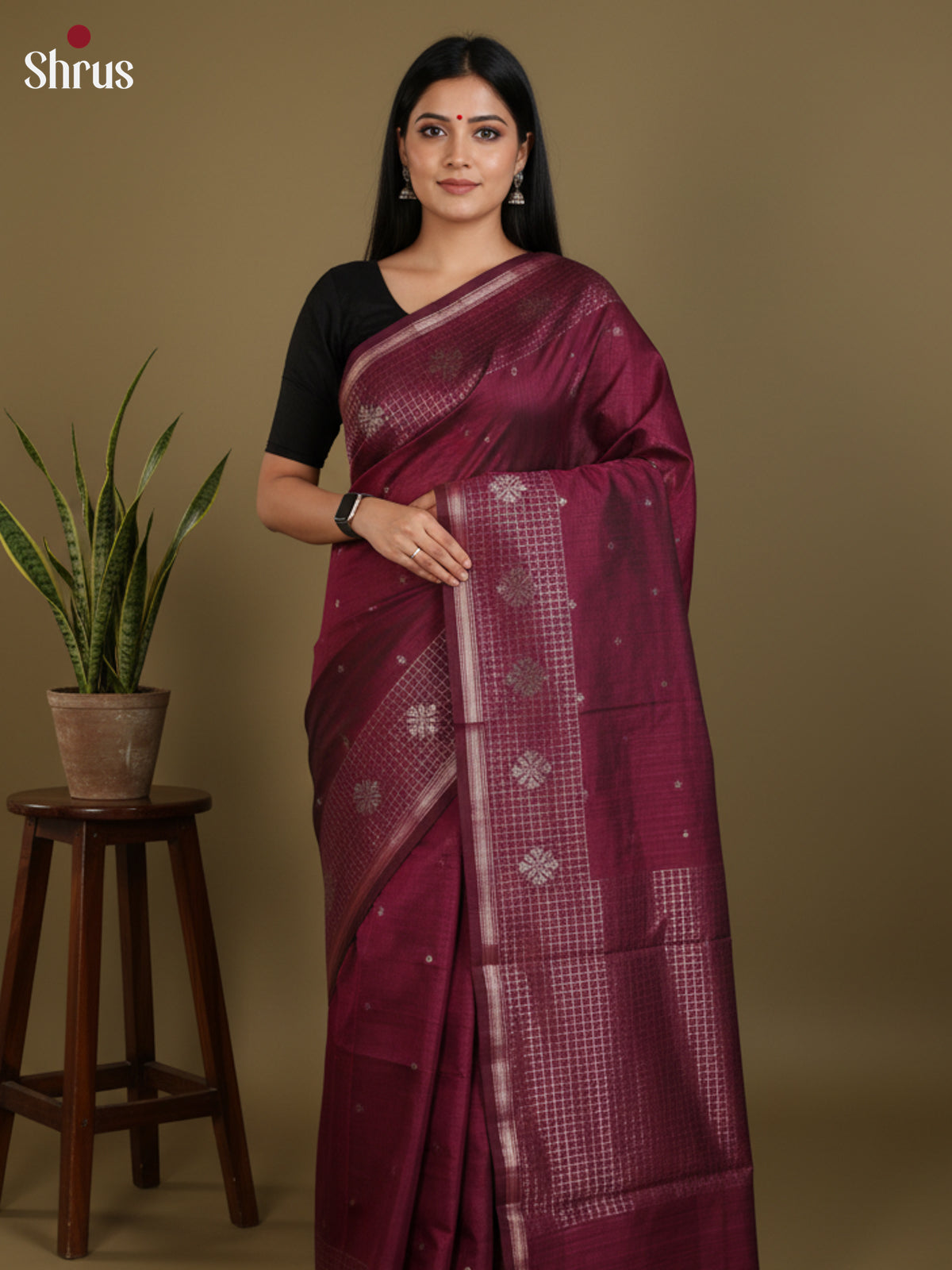Maroon - Semi Jute Saree - DLS19006 - Shop on Shrus.com