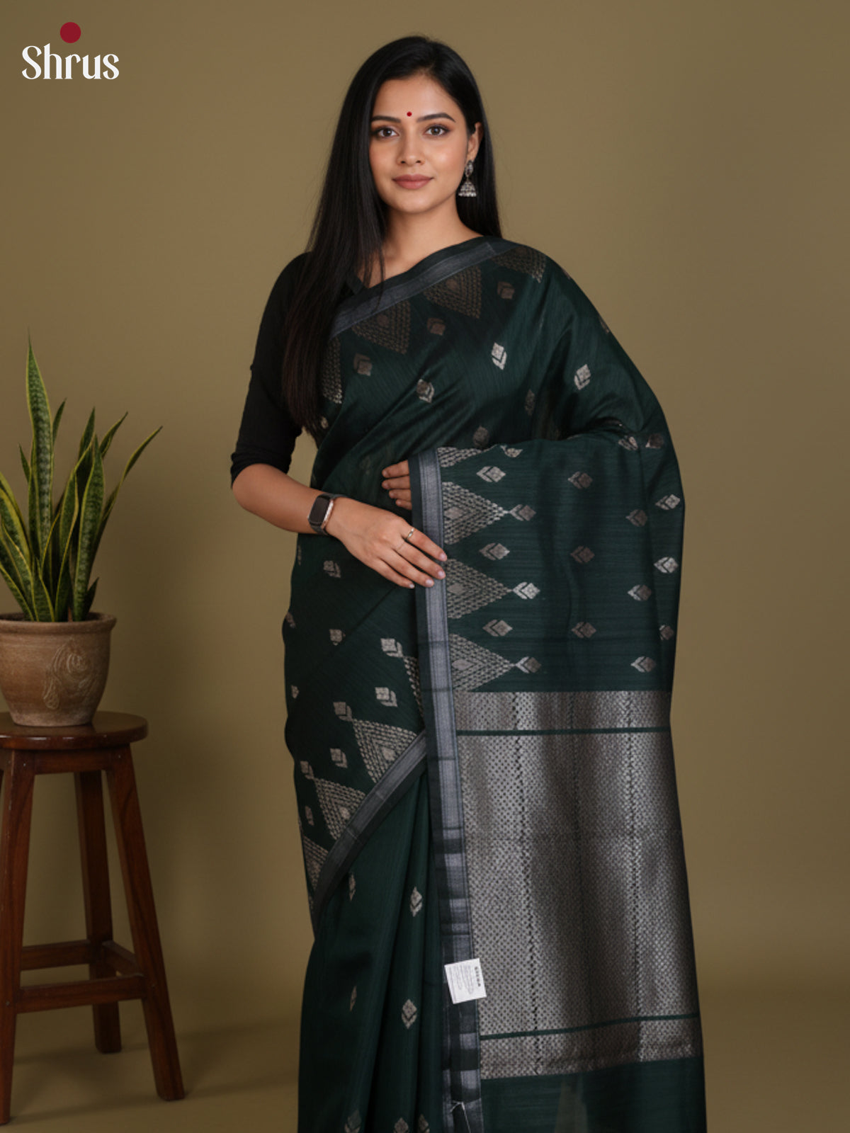 Dark Green - Semi Jute Saree-DLS19150