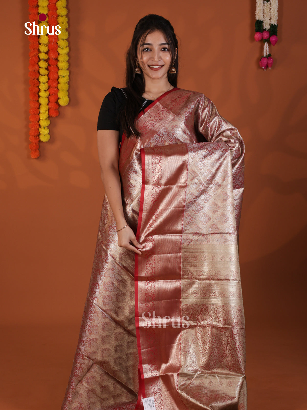 Goldish Red - Kanchipuram-halfpure Saree- DLS19209 - Shop on Shrus.com
