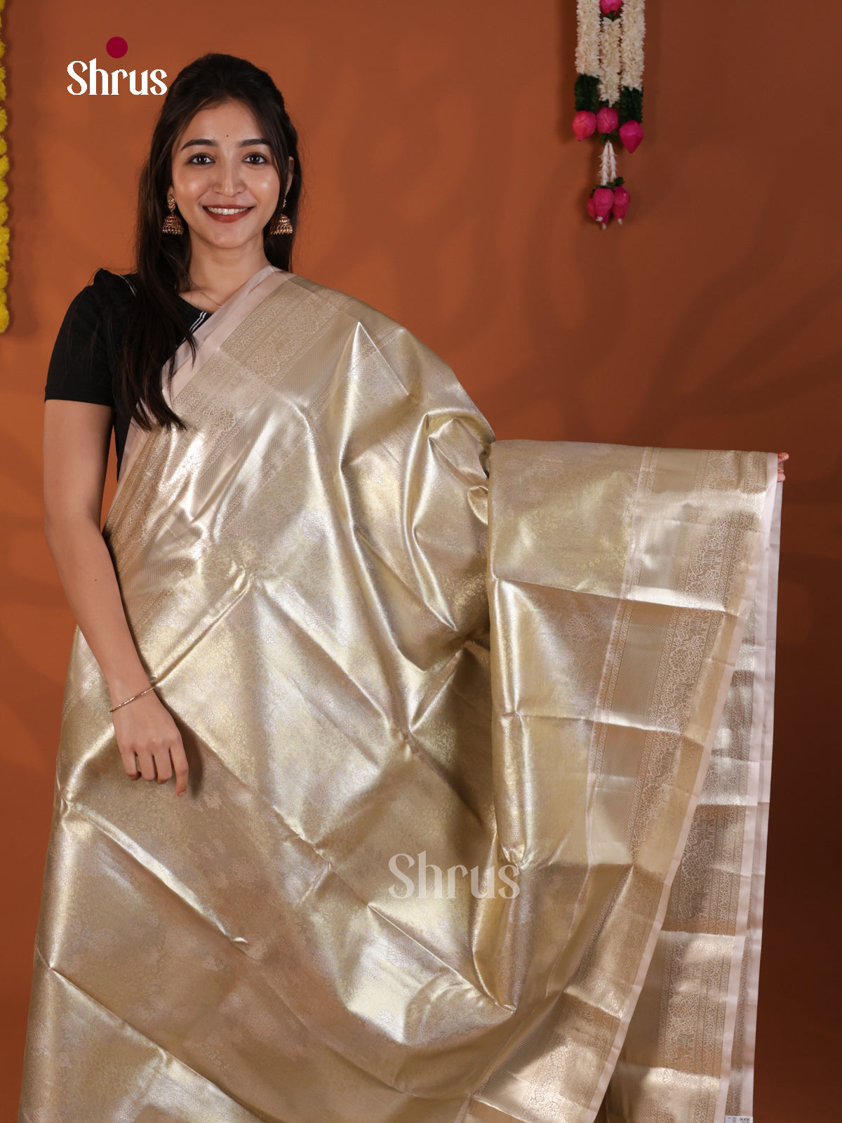 Cream - Kanchipuram-halfpure Saree- DLS19224 - Shop on Shrus.com