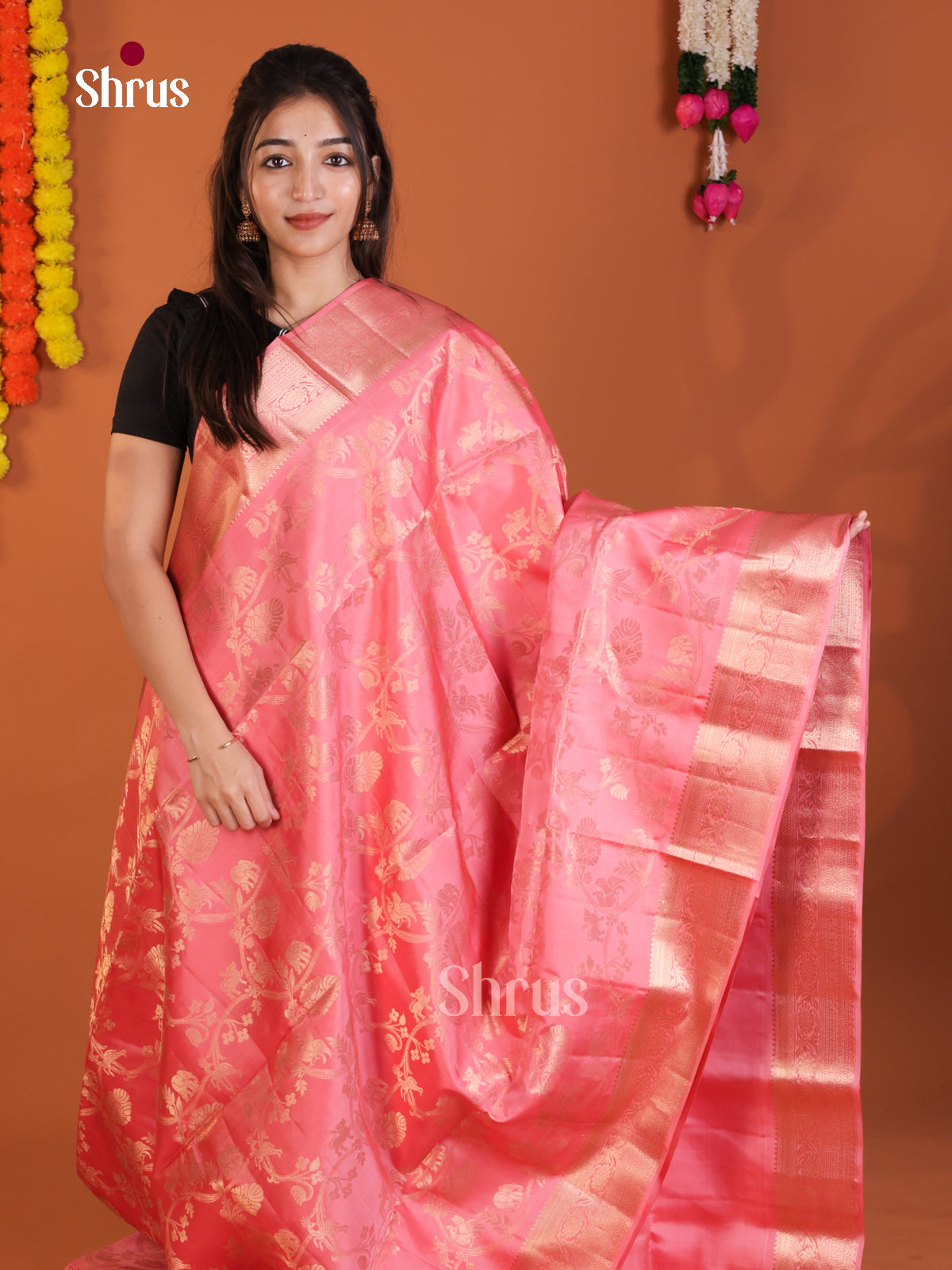 Charming Pink single Tone Soft Silk Saree with zari vanashingaram brocade