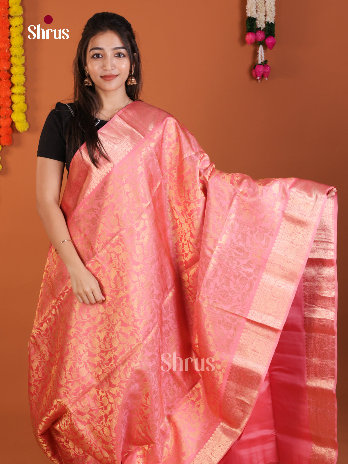 Shimmery Pink single Tone Soft Silk Saree with vanashingaram zari brocade