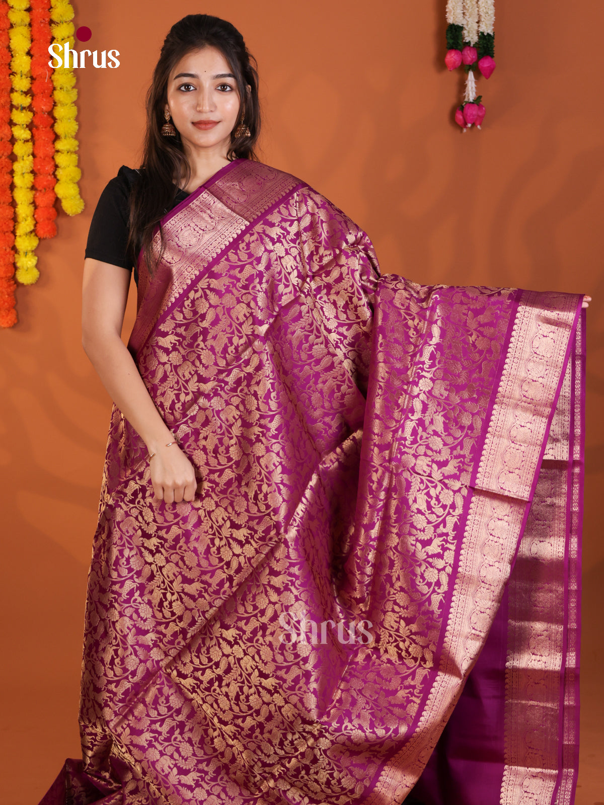 Dazzling Purple Single Tone Soft Silk Saree with zari vanashingaram floral nestling brocade