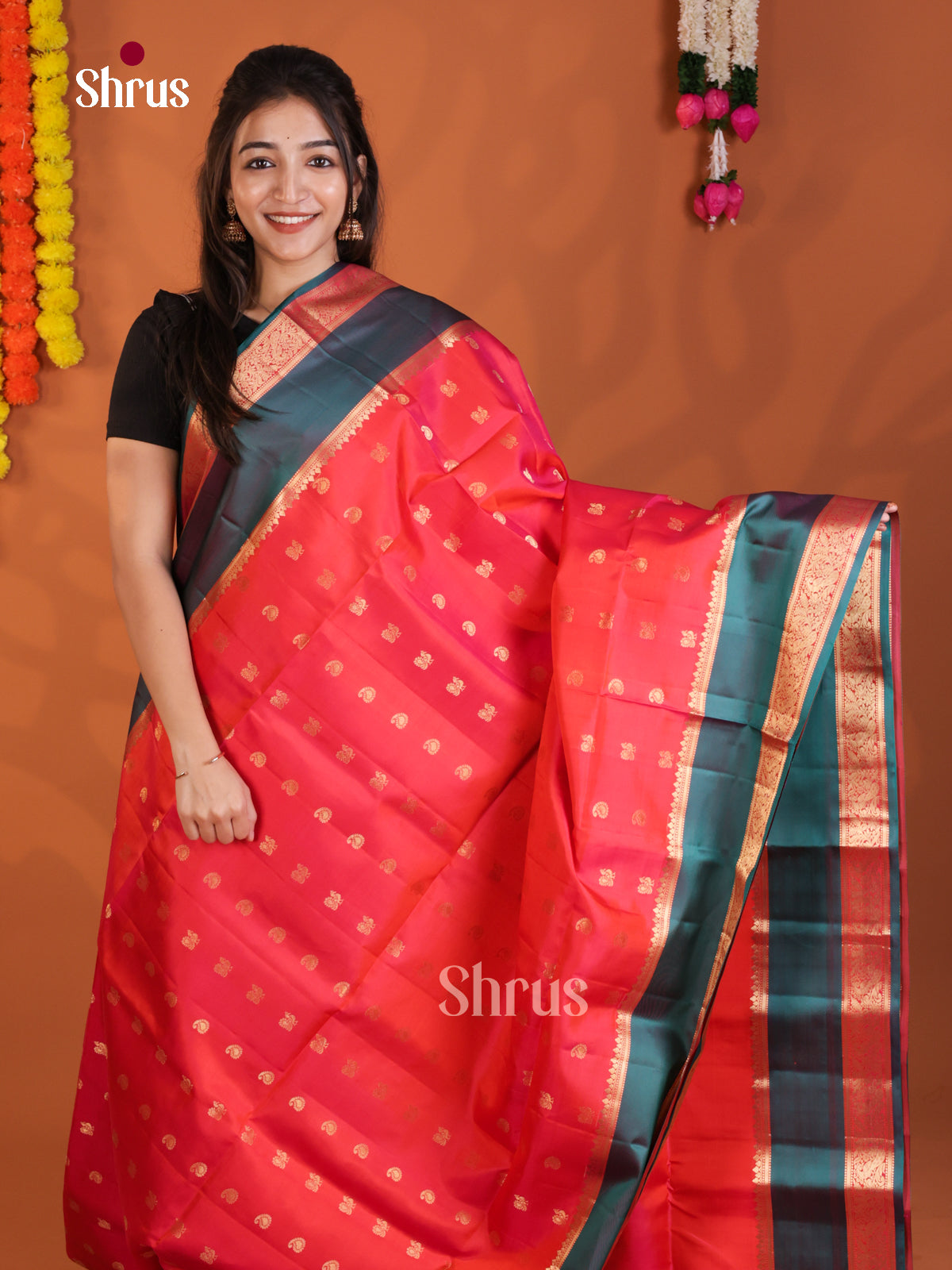 Glorious Orange & Green Soft Silk Saree with zari peacock, manga Buttas