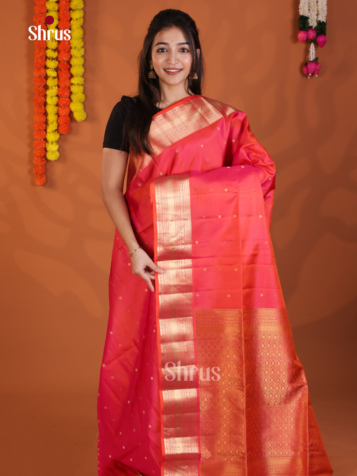 Radiant Orangish Pink Soft Silk Saree with zari buttas & traditional zari border - Shop on Shrus.com