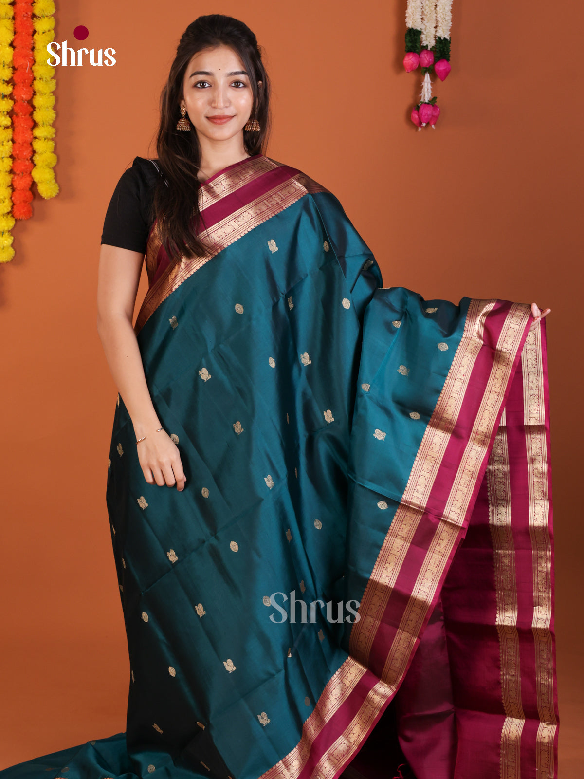 Classy Blue & Maroon Soft Silk Saree with zari peacock buttas & Rettaipet border - Shop on Shrus.com